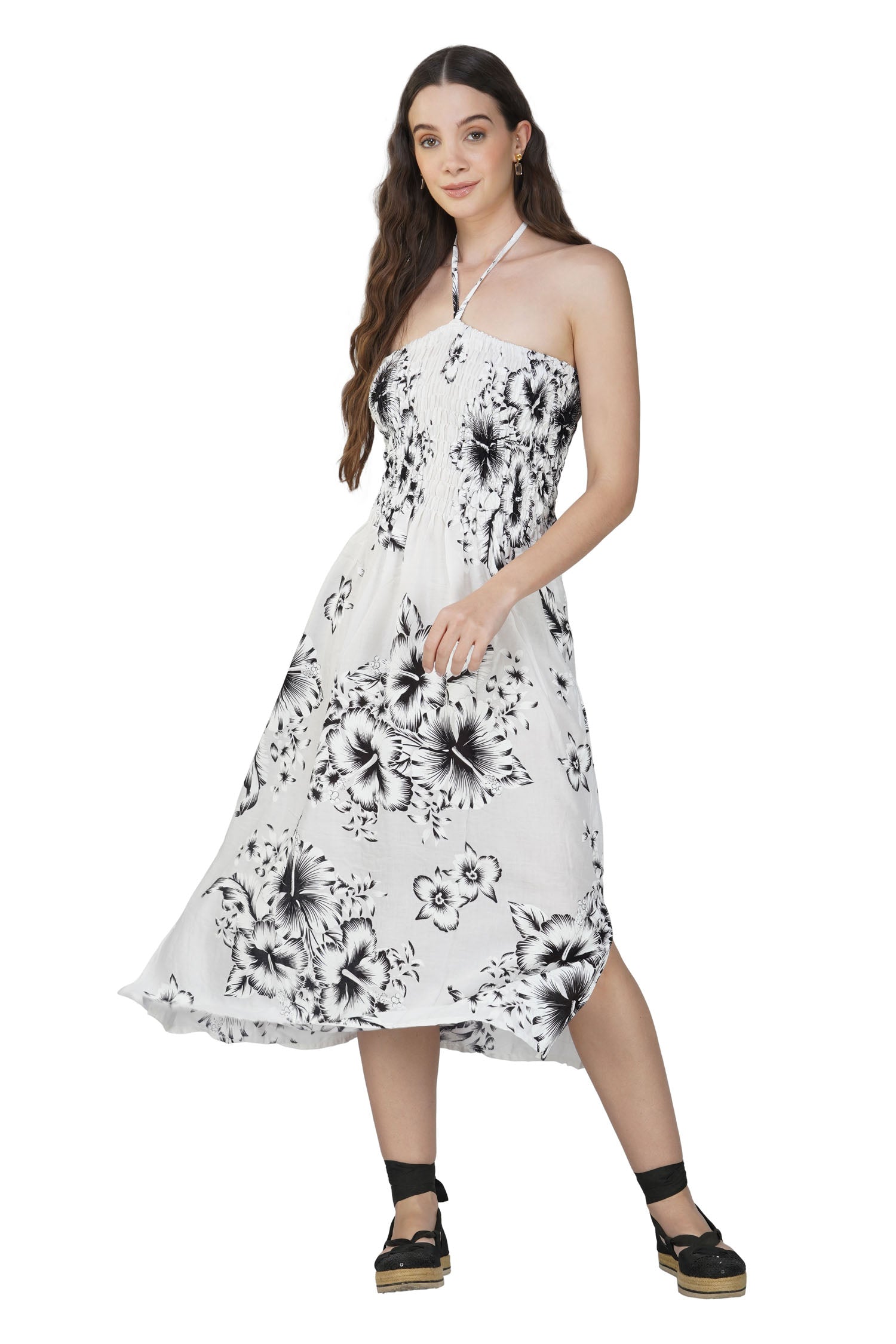 Abstract Print Halter Neck Dress - White