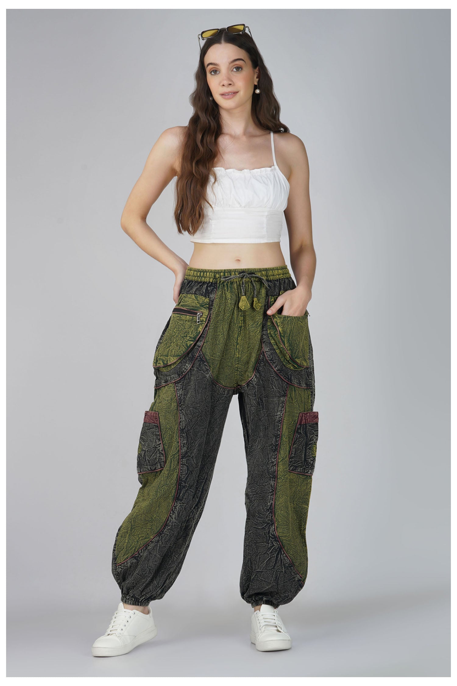 Acid Wash Harem Trousers - Green