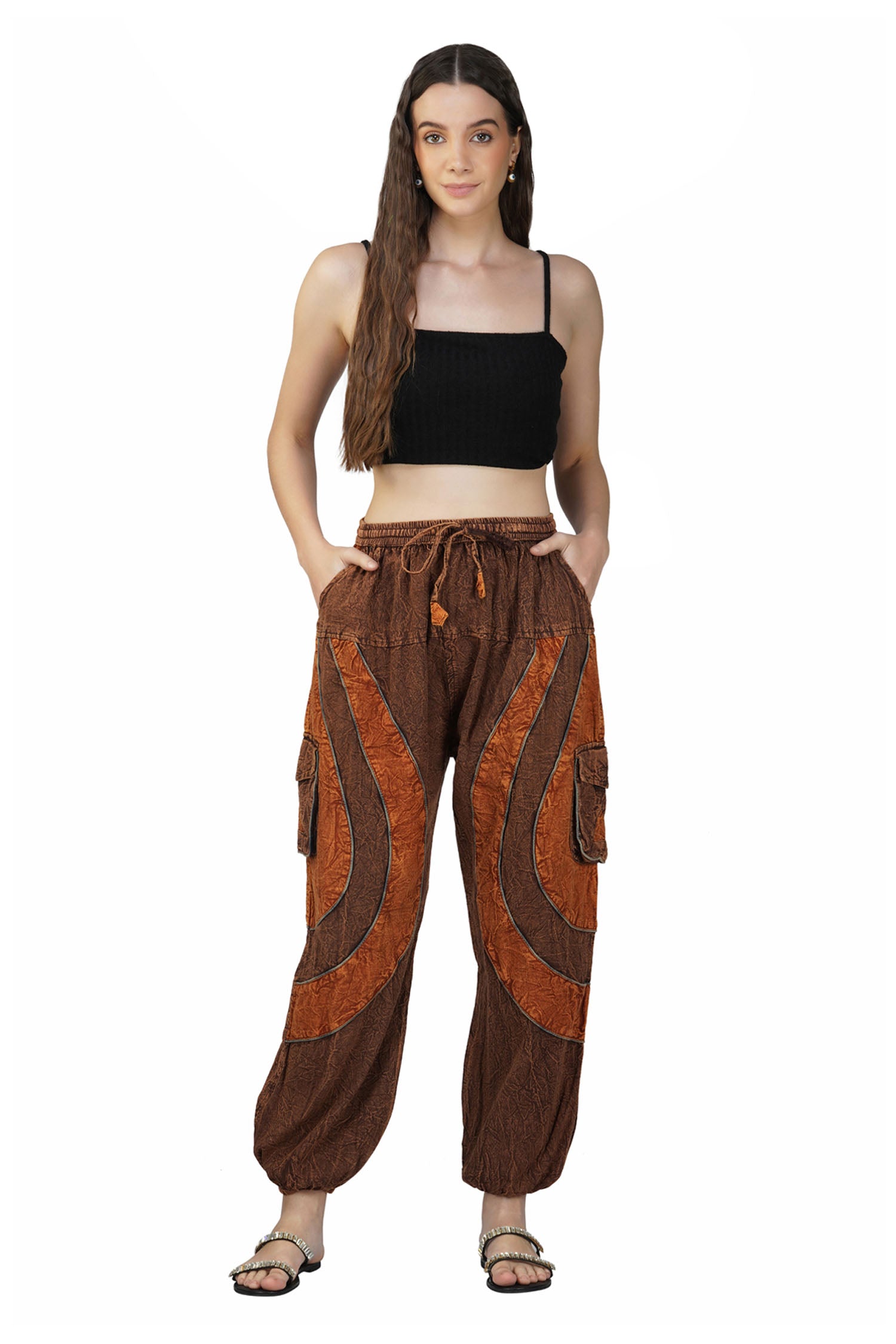 Acid Wash Harem Trousers - Brown