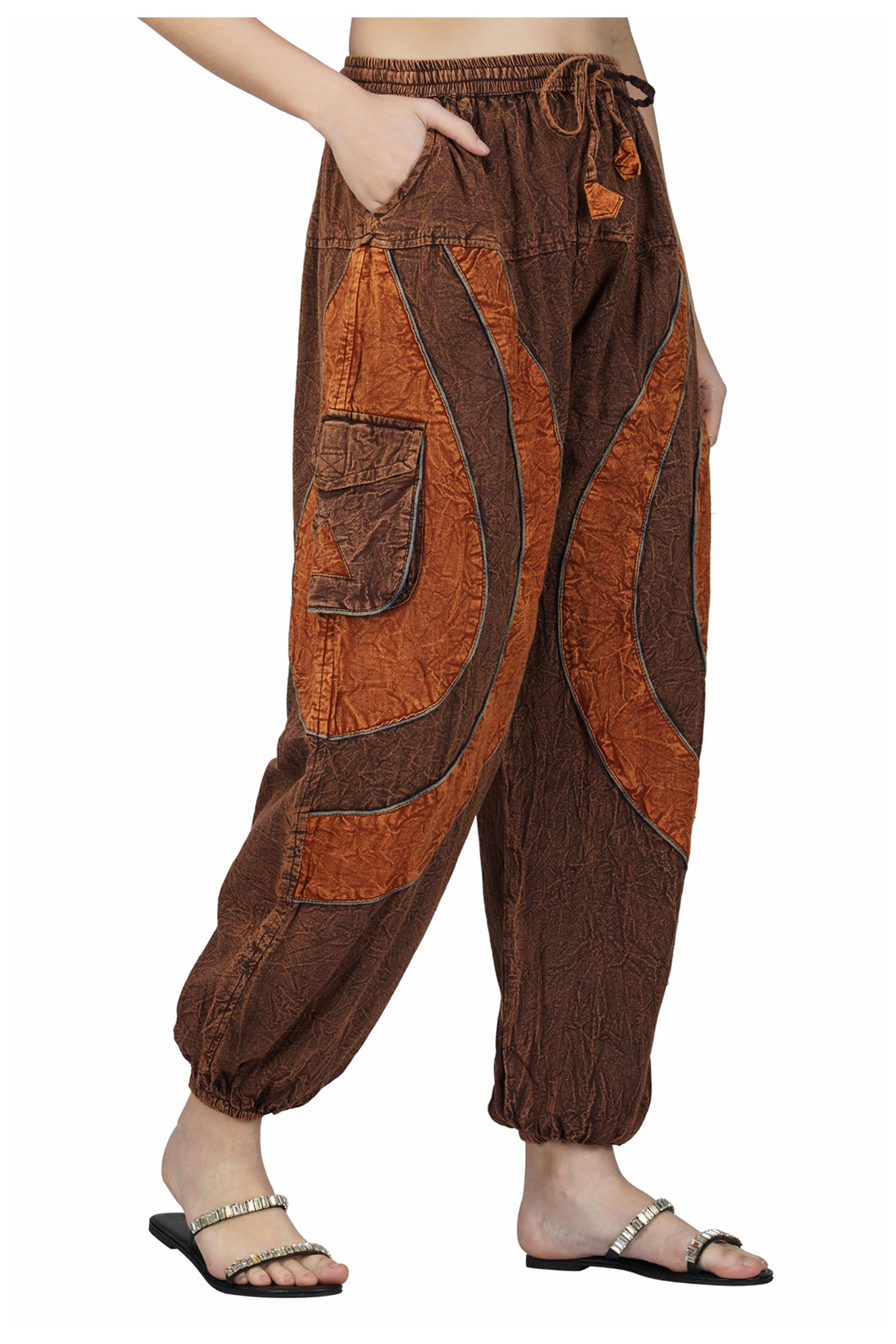 Acid Wash Harem Trousers - Brown