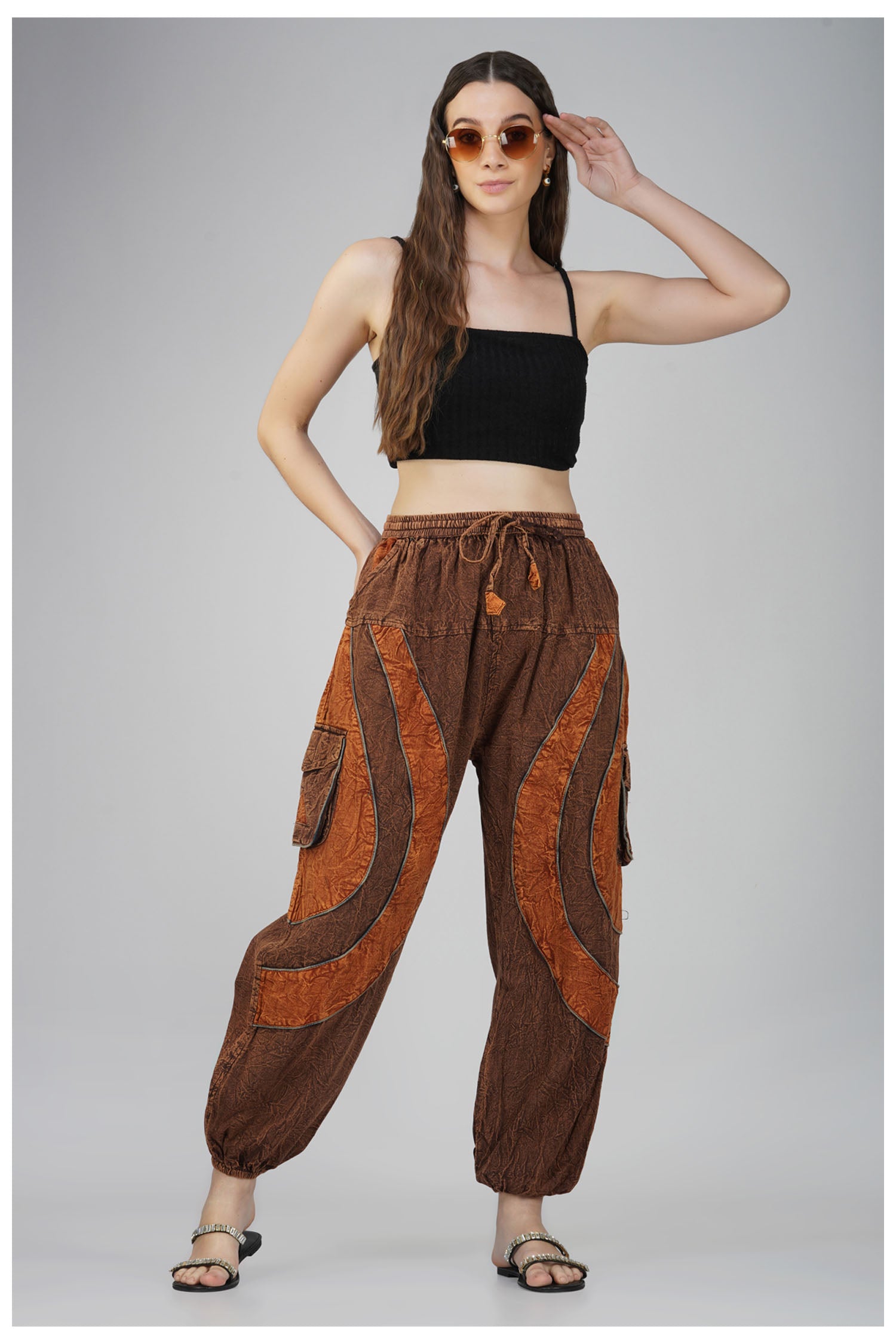 Acid Wash Harem Trousers - Brown