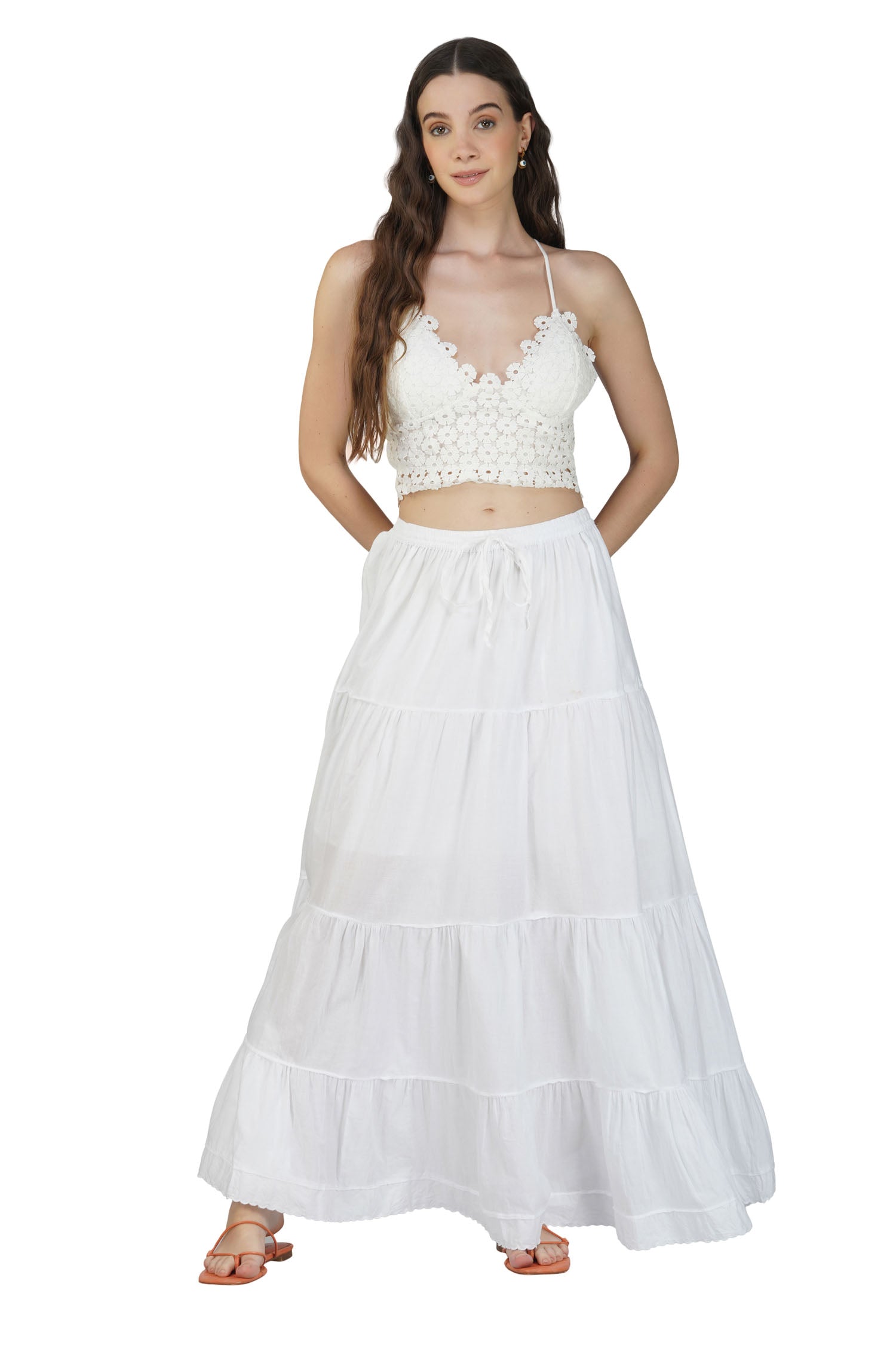 Elastic Waist Ruffle Hem Skirt - White