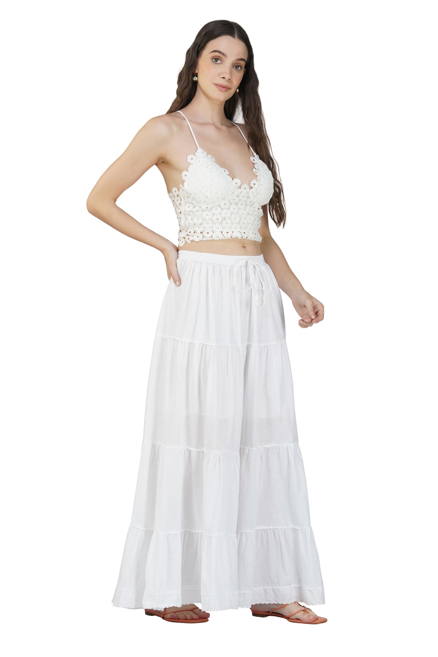 Elastic Waist Ruffle Hem Skirt - White