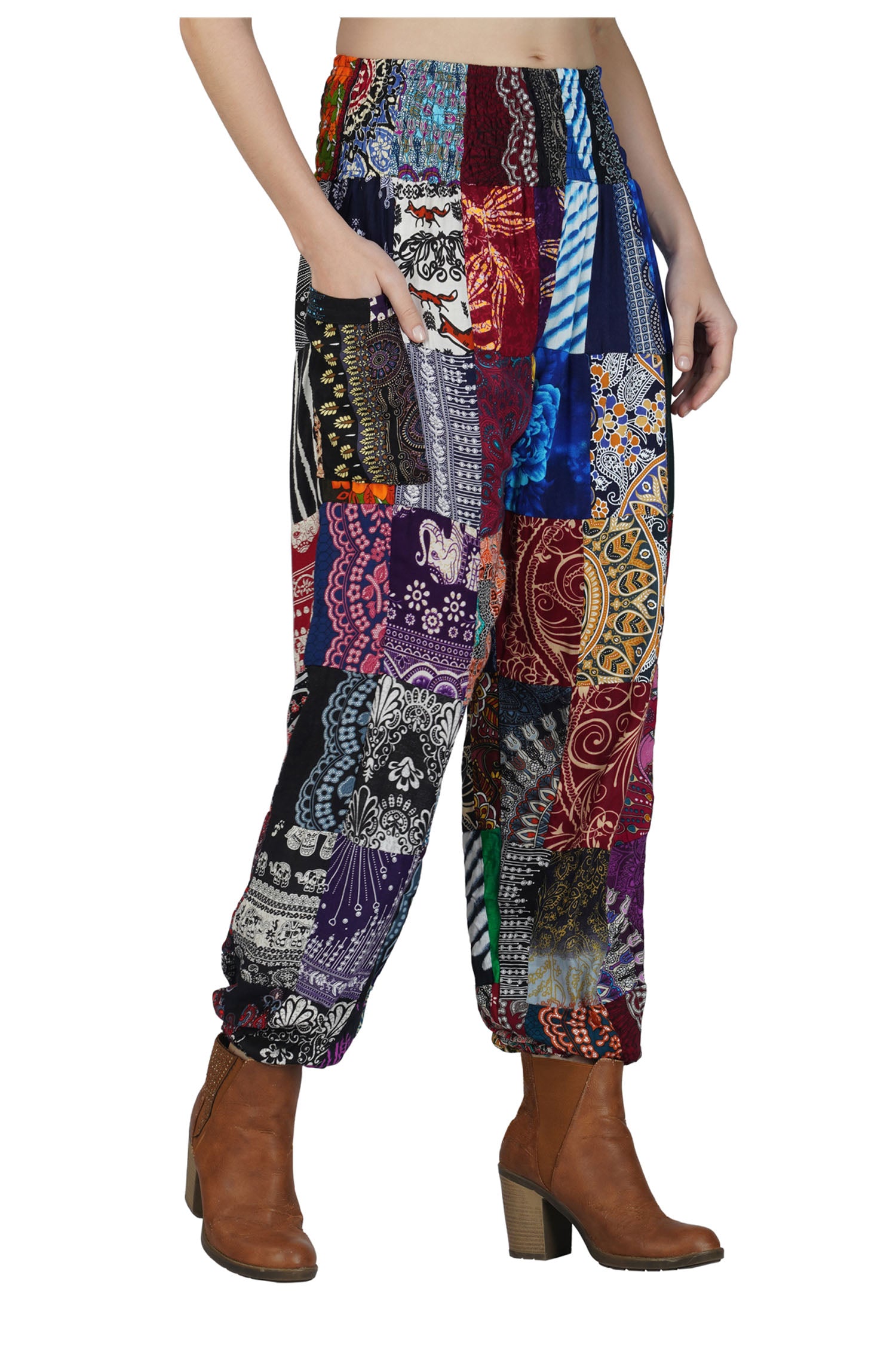 Mixed Patchwork Pants With Smocked Waist - Multicolor