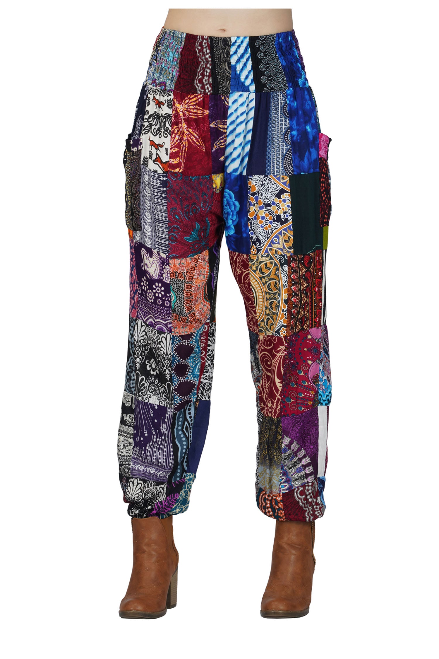 Mixed Patchwork Pants With Smocked Waist - Multicolor