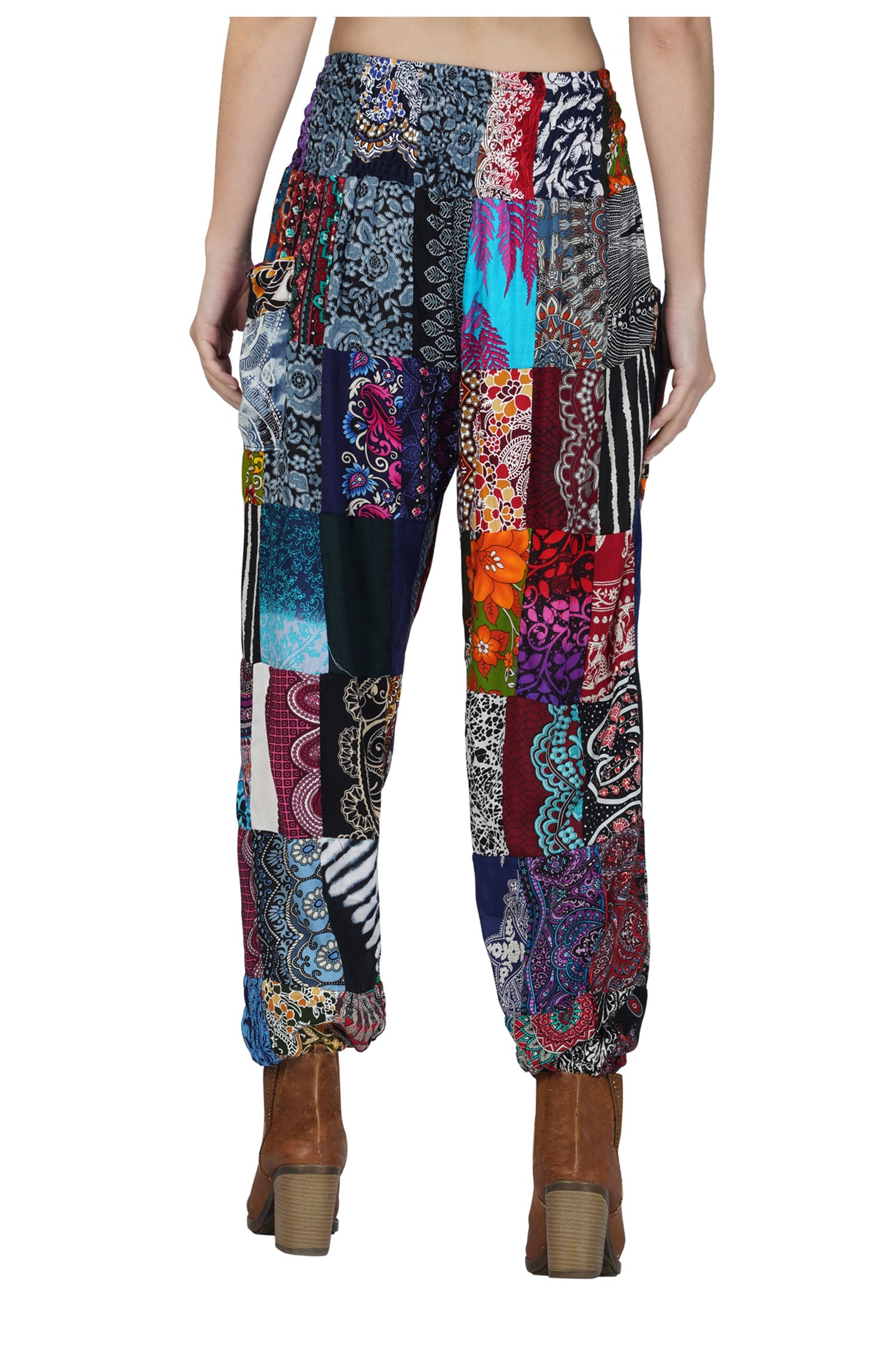 Mixed Patchwork Pants With Smocked Waist - Multicolor