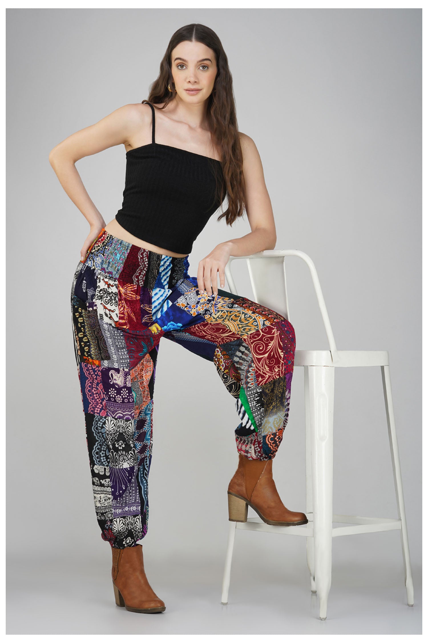 Mixed Patchwork Pants With Smocked Waist - Multicolor