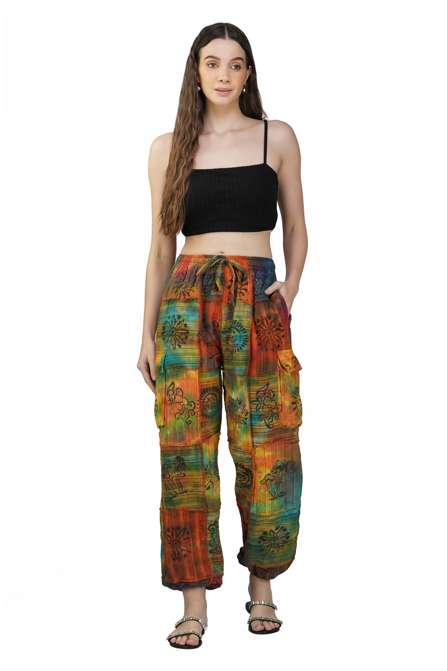 Patchwork Cotton Harem Pants - Rainbow