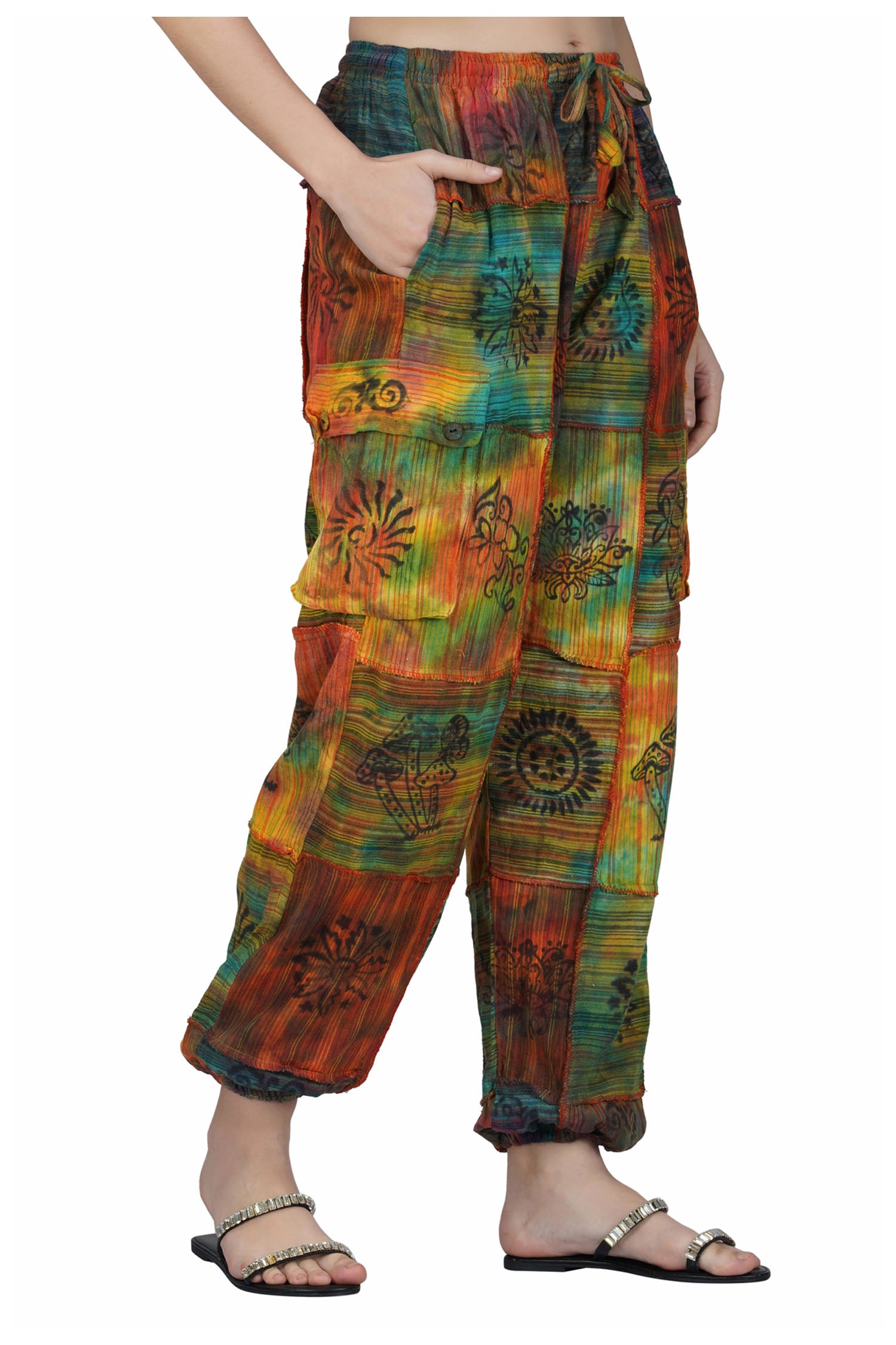 Patchwork Cotton Harem Pants - Rainbow