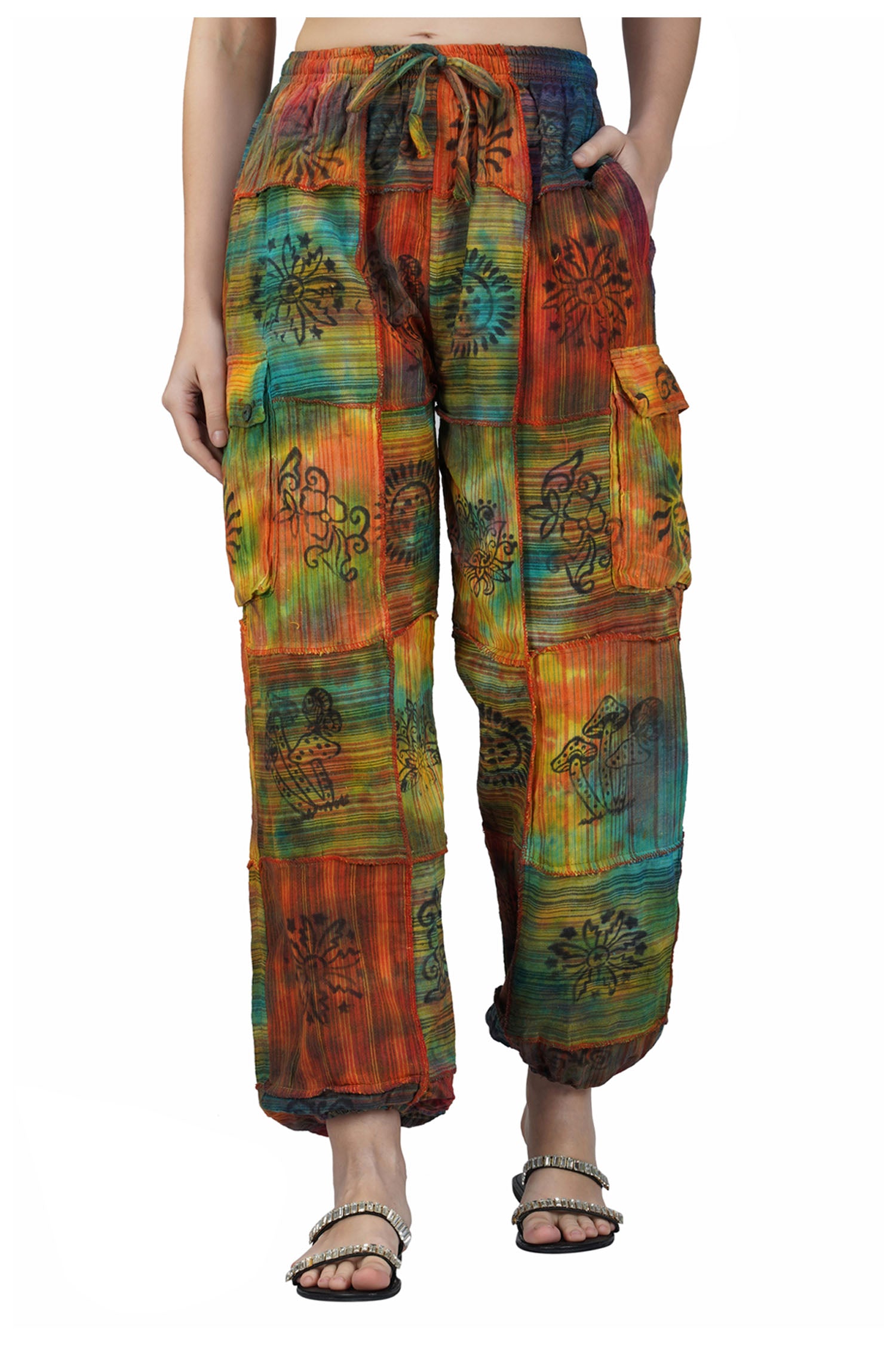 Patchwork Cotton Harem Pants - Rainbow