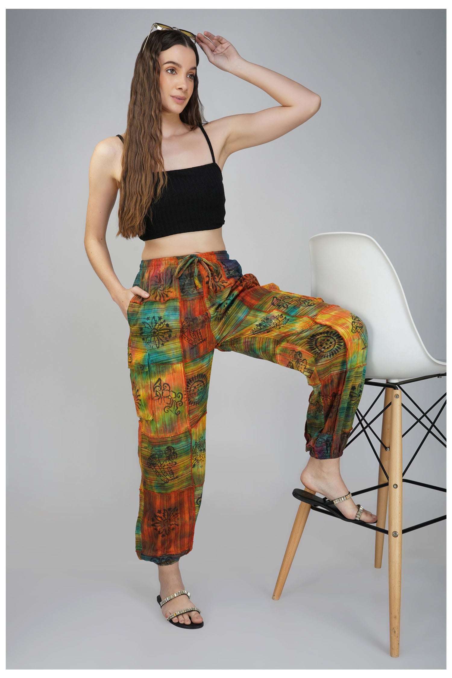 Patchwork Cotton Harem Pants - Rainbow