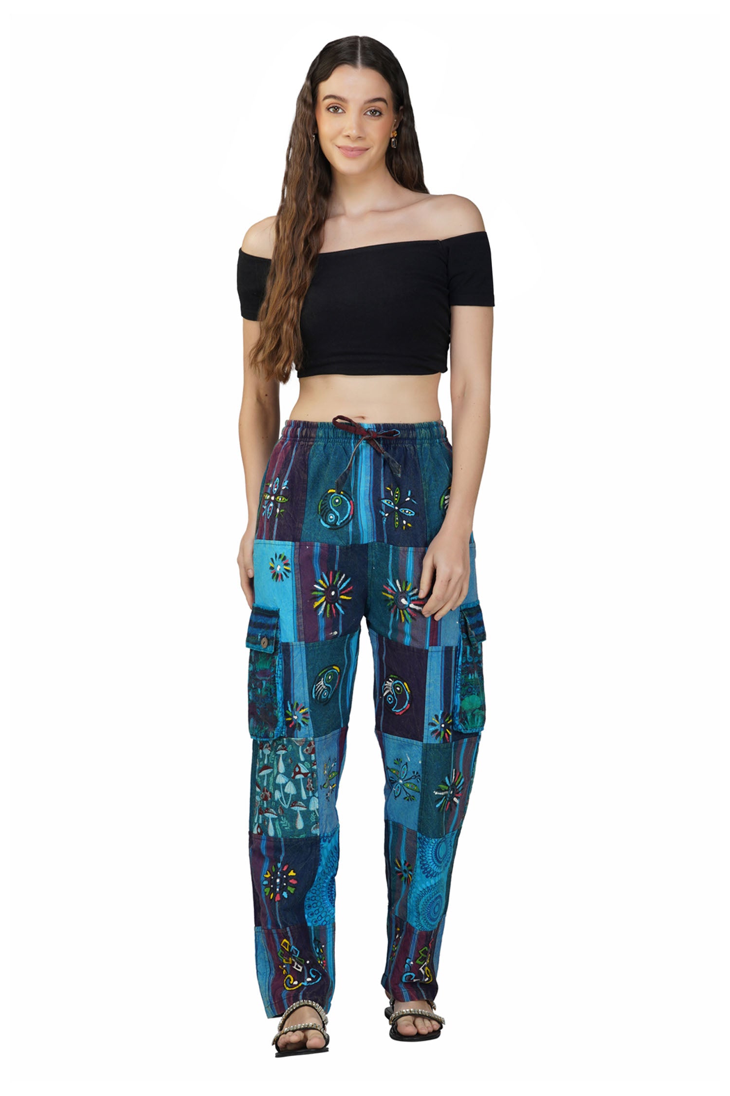 Patchwork Cotton Trousers - Turquoise