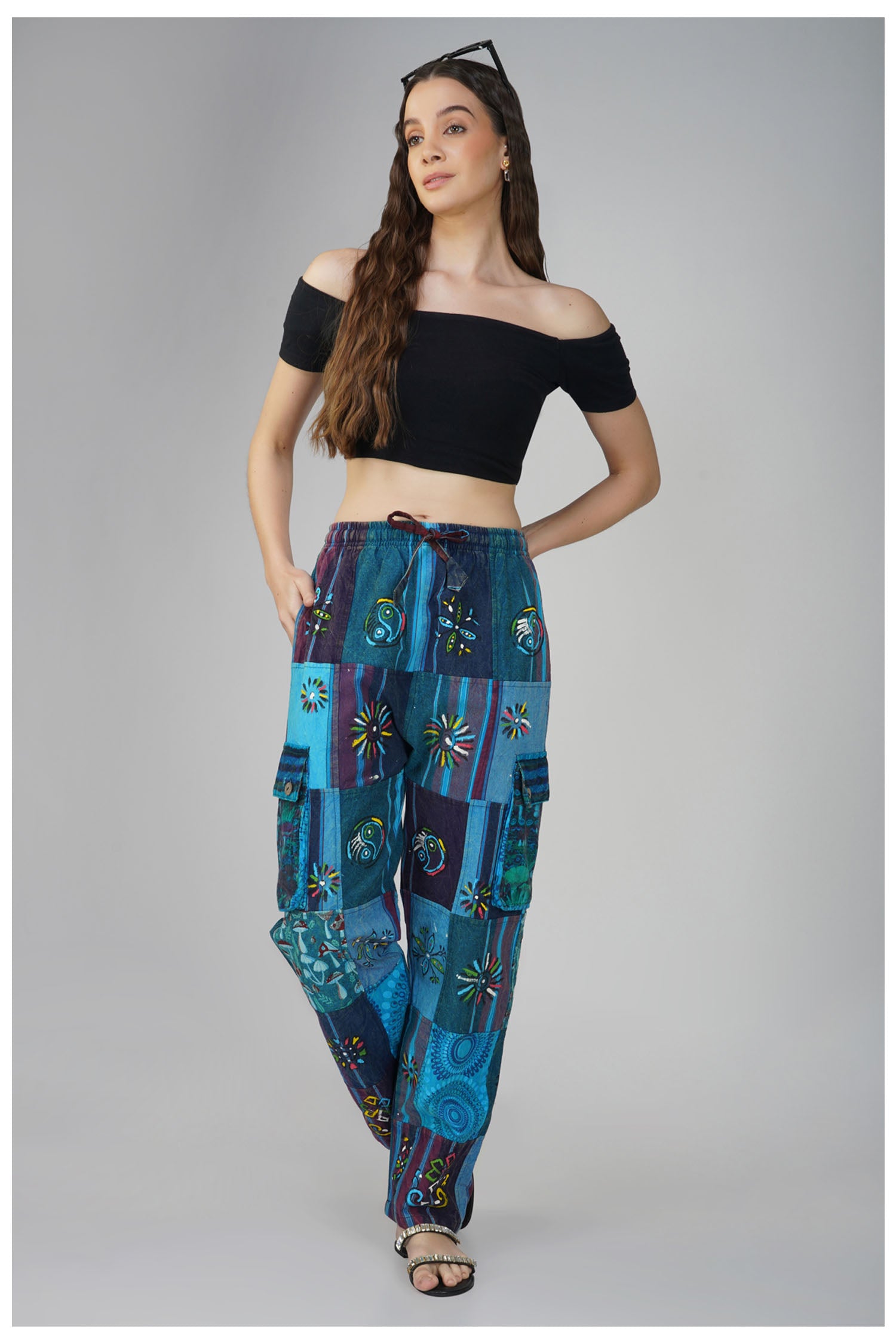 Patchwork Cotton Trousers - Turquoise