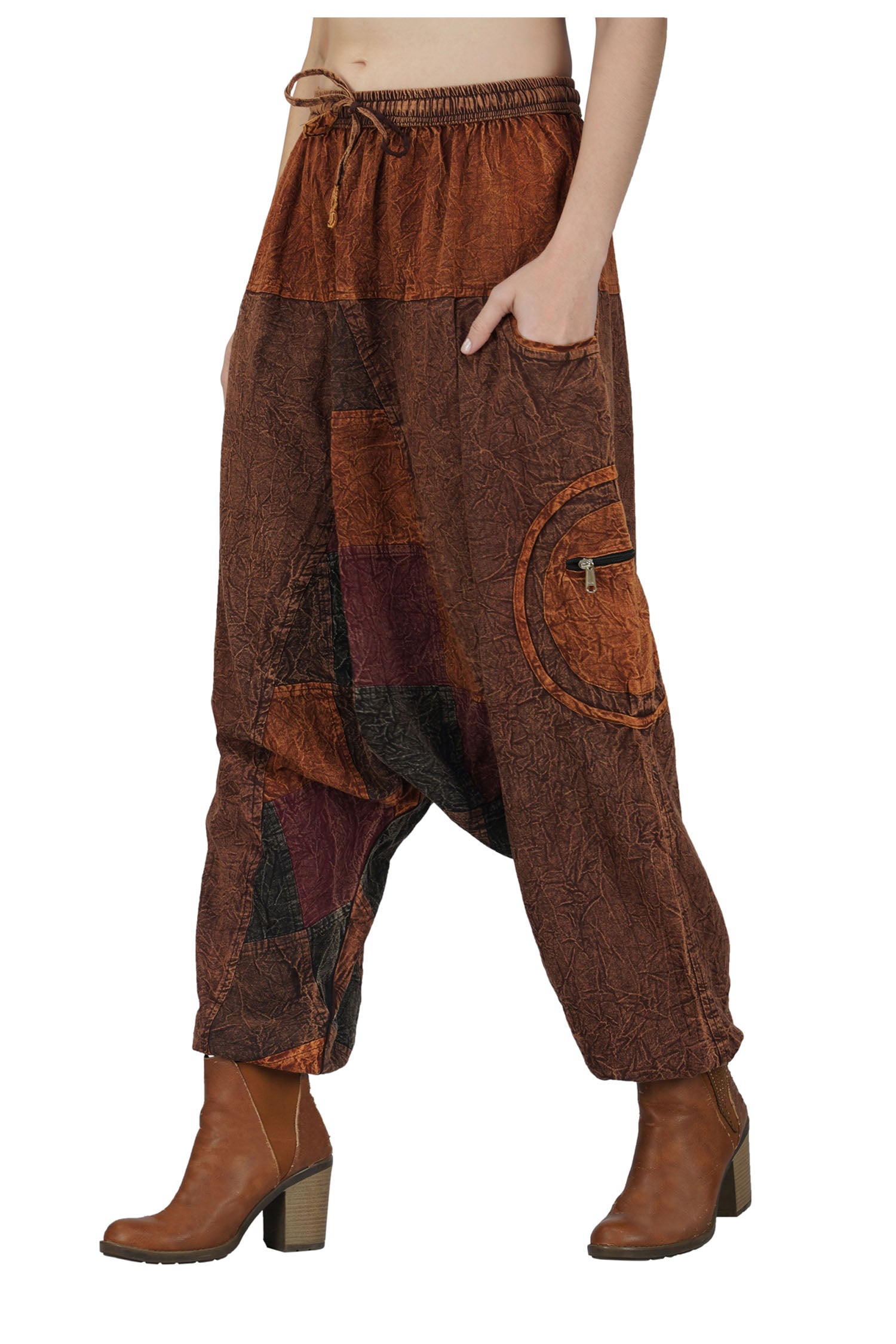 Patchwork Stonewashed Cotton Harem Trousers - Coffee Brown