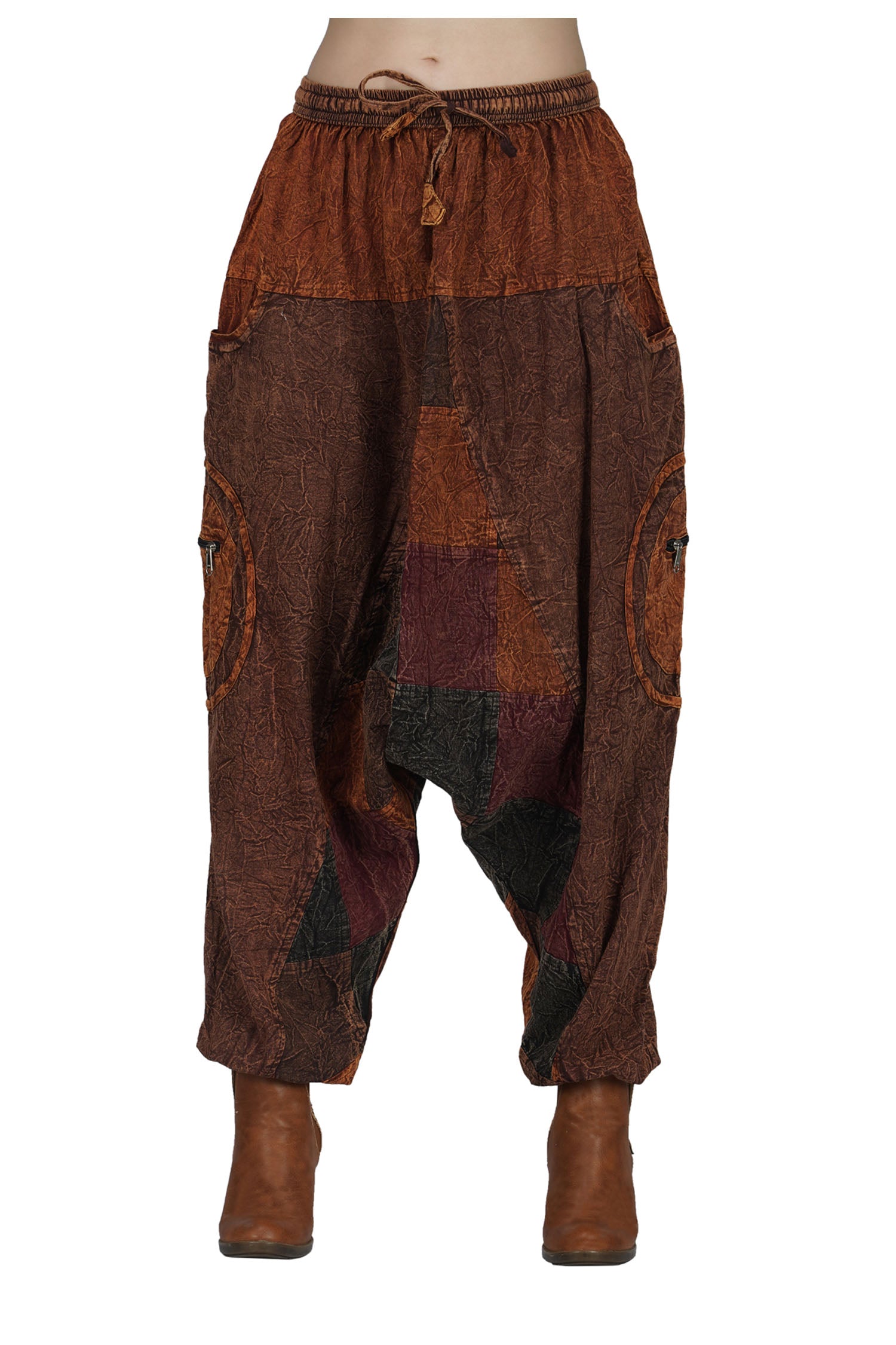 Patchwork Stonewashed Cotton Harem Trousers - Coffee Brown