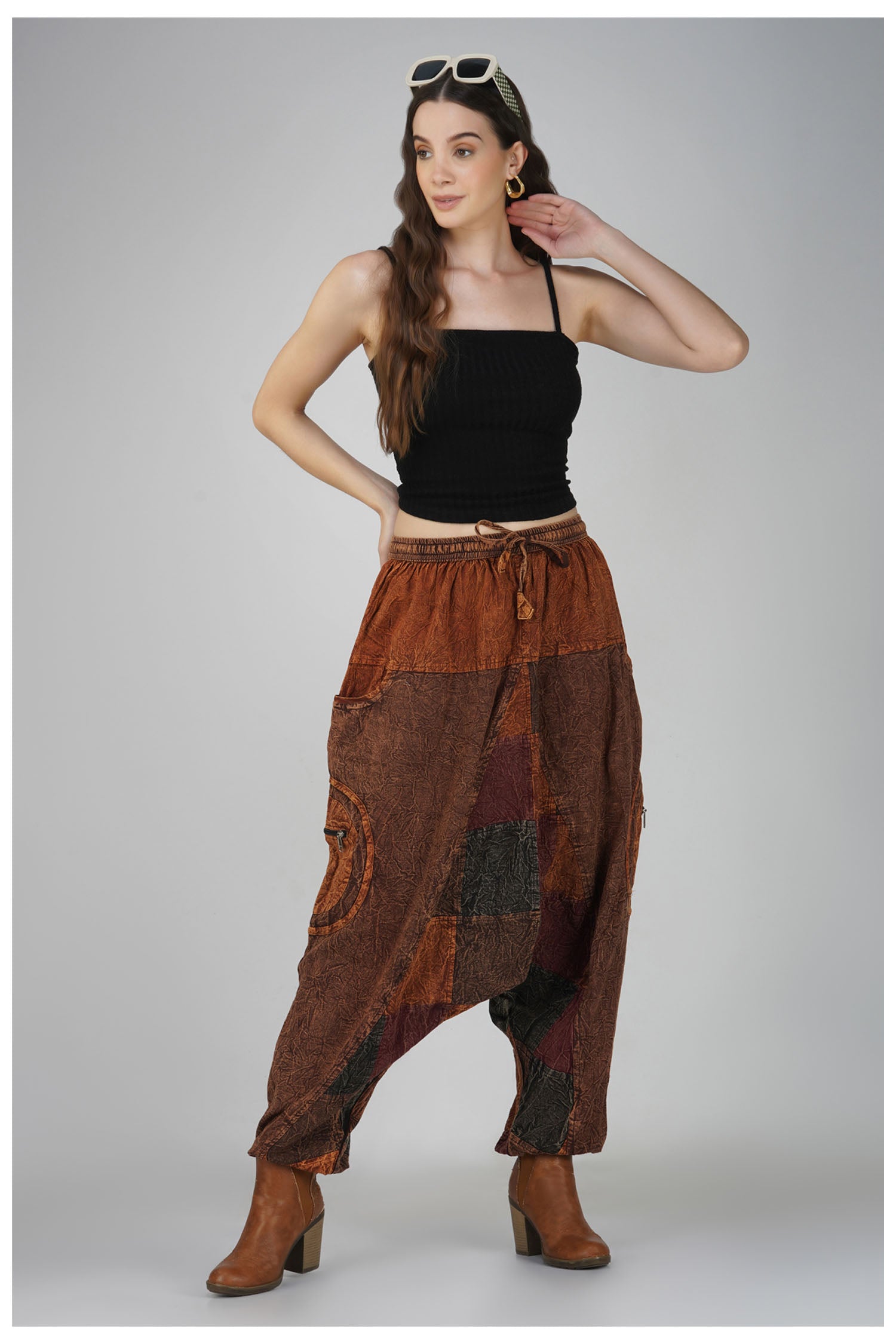 Patchwork Stonewashed Cotton Harem Trousers - Coffee Brown