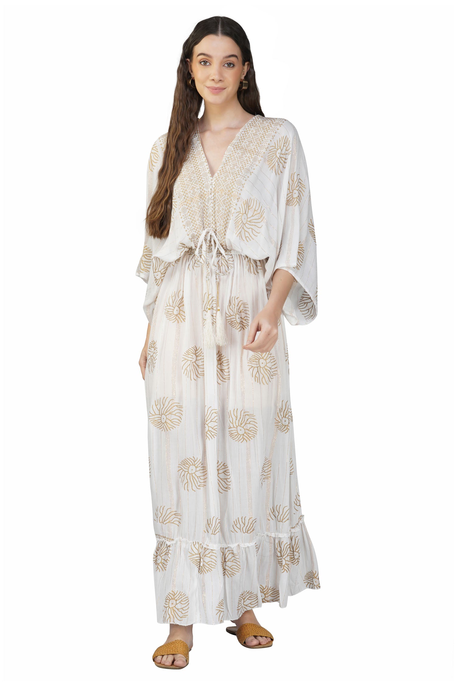 Women's V-Neck Long Maxi Dress with Short Sleeves - White