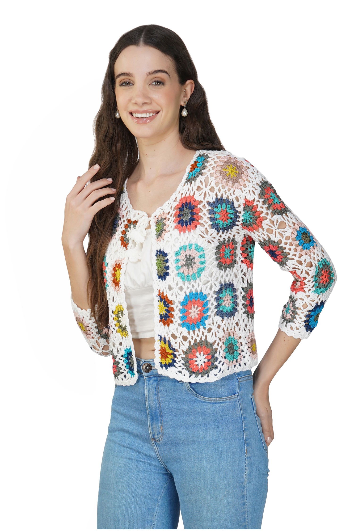 Women's Floral Crochet Knit Sweater - White