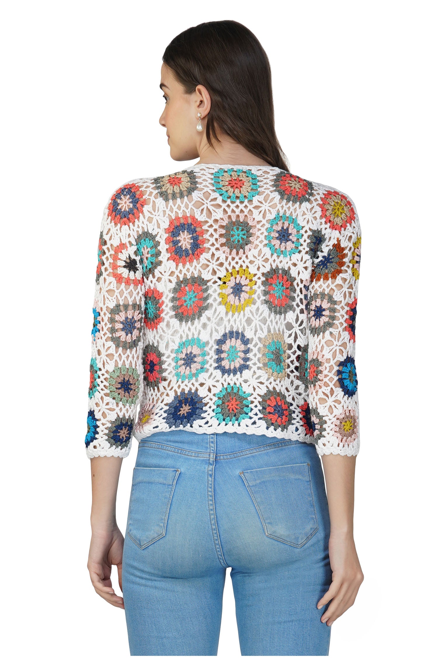 Women's Floral Crochet Knit Sweater - White