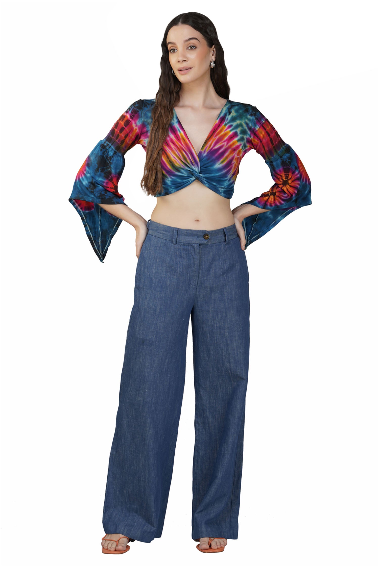 Tie Dyed Crop Front Twist With Bell Sleeves - Blue