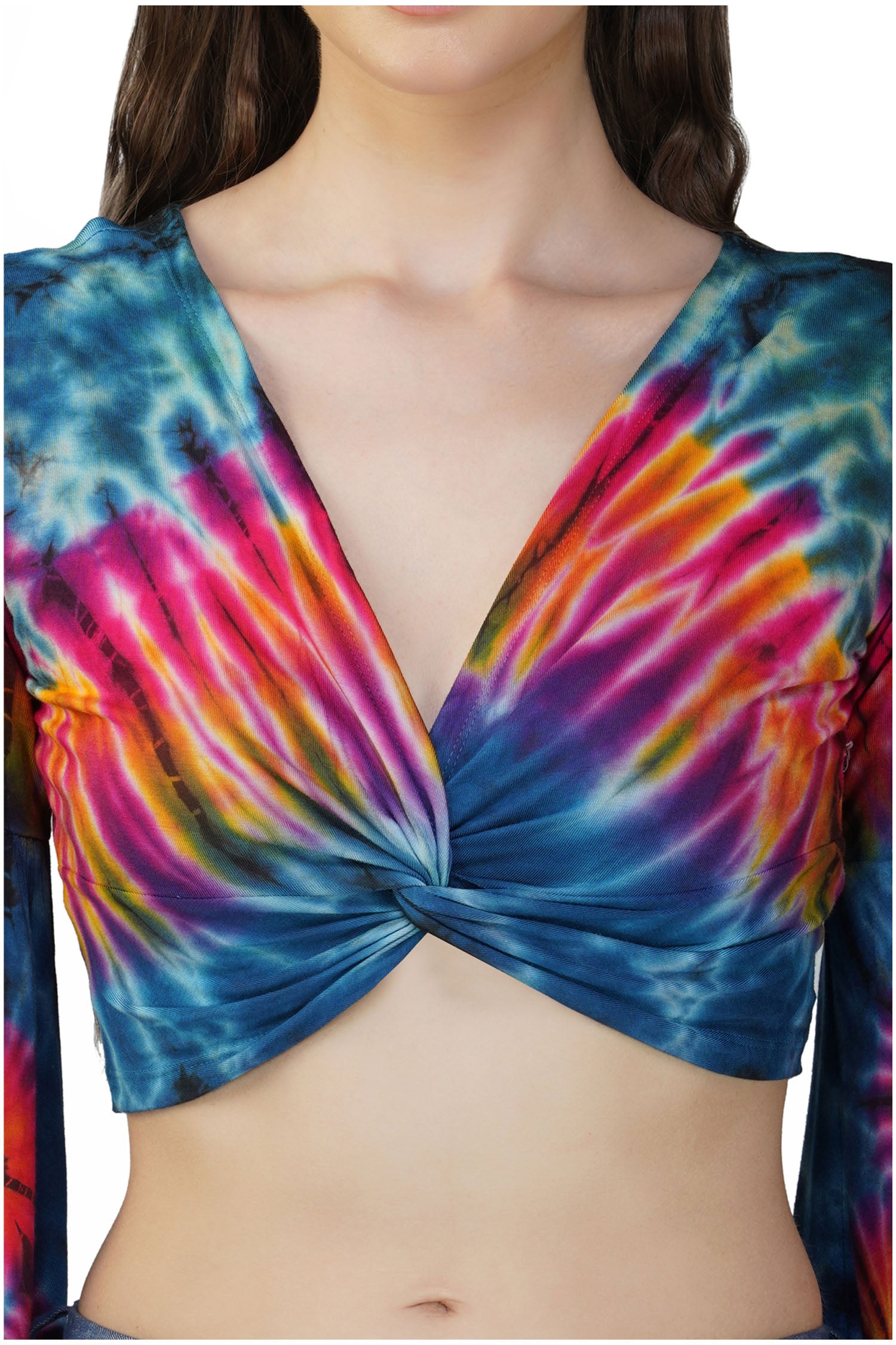 Tie Dyed Crop Front Twist With Bell Sleeves - Blue