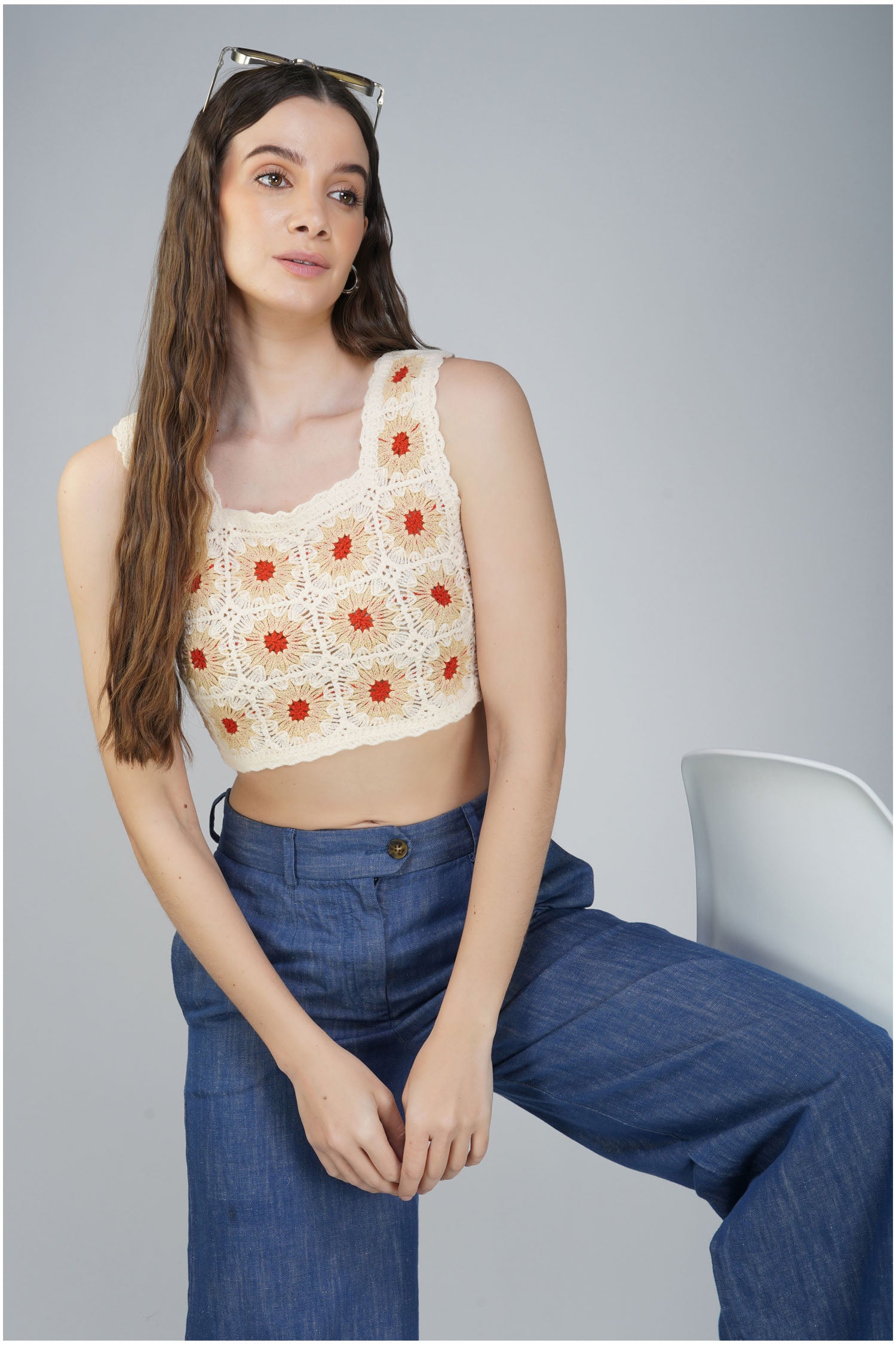 Women's Knitted Hollow Out Sunflower - Cream