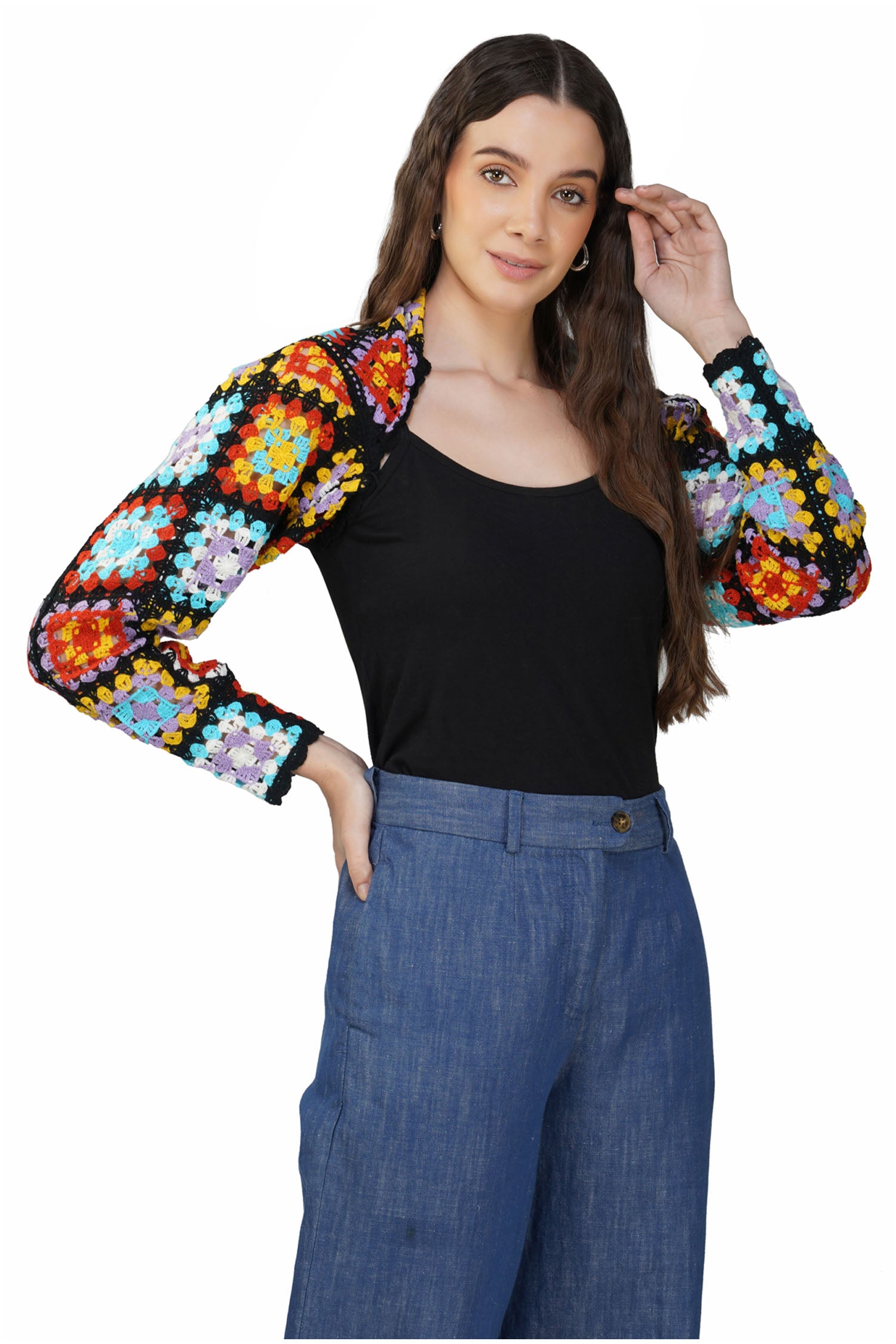 Women Knitted Shrug Sweater - Black