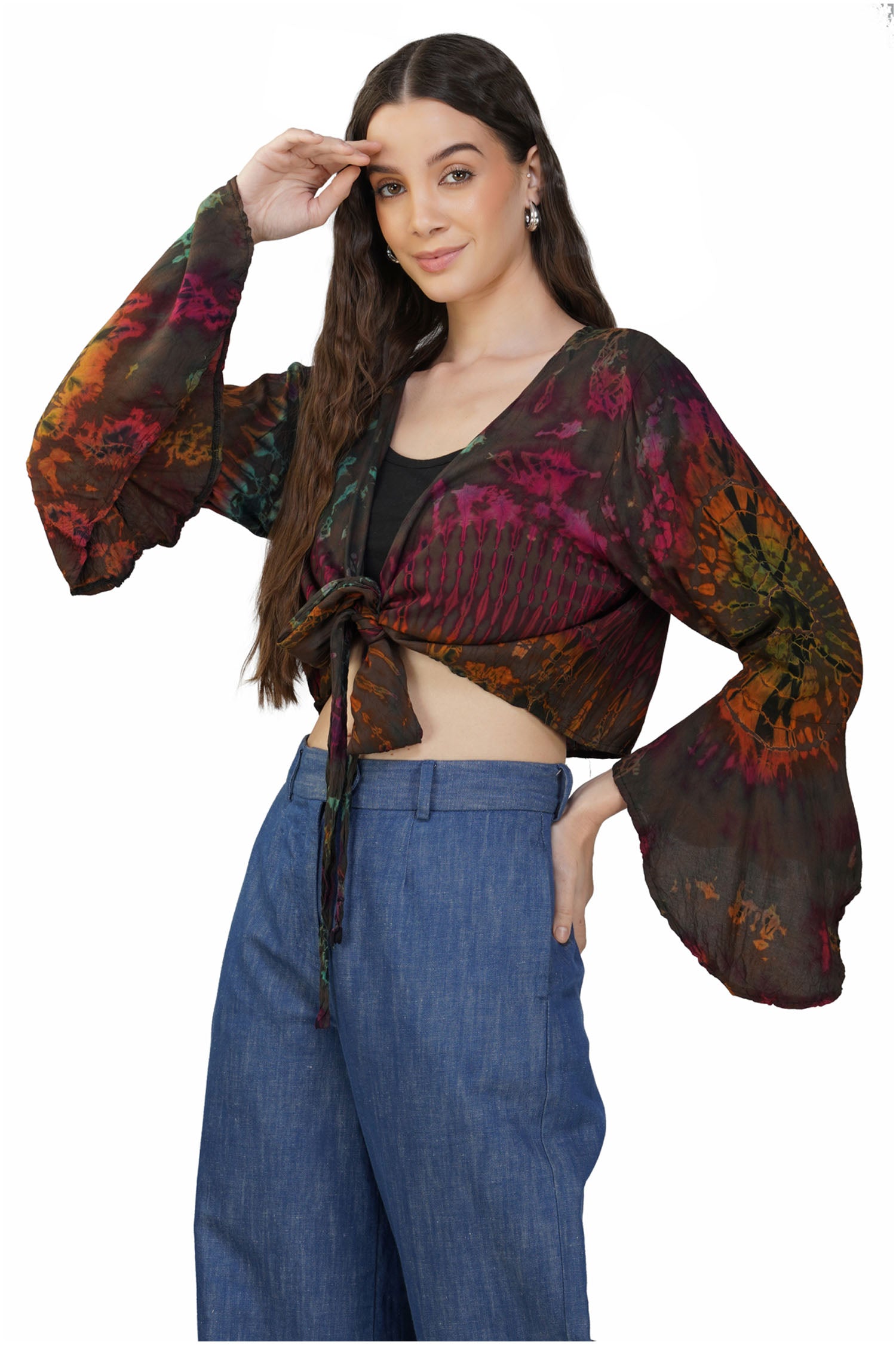 Swirls Tie Dye With Bell Sleeves - Brown