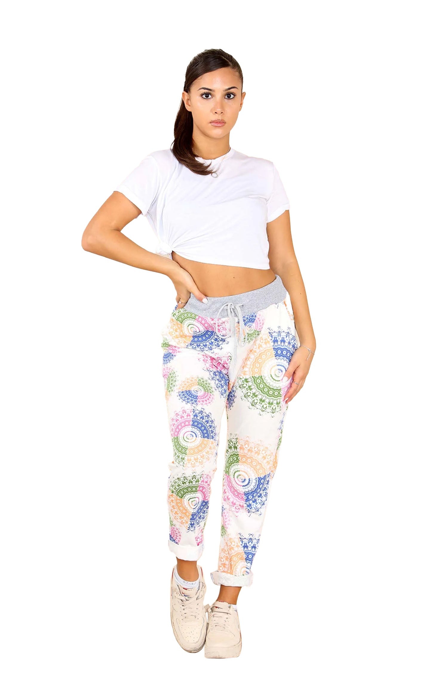 Italian Aboriginal Print Drawstring Cotton Joggers - White