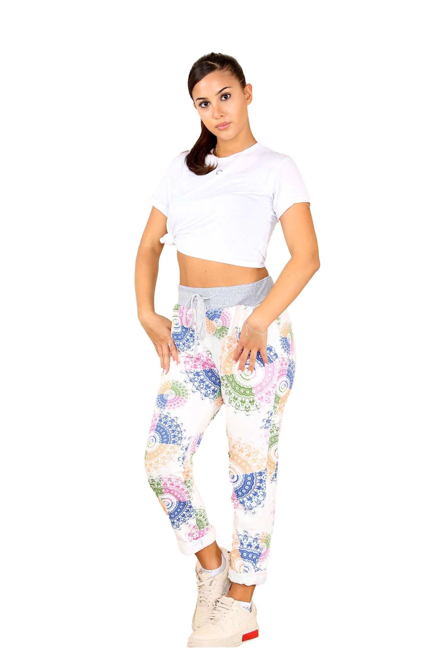 Italian Aboriginal Print Drawstring Cotton Joggers - White