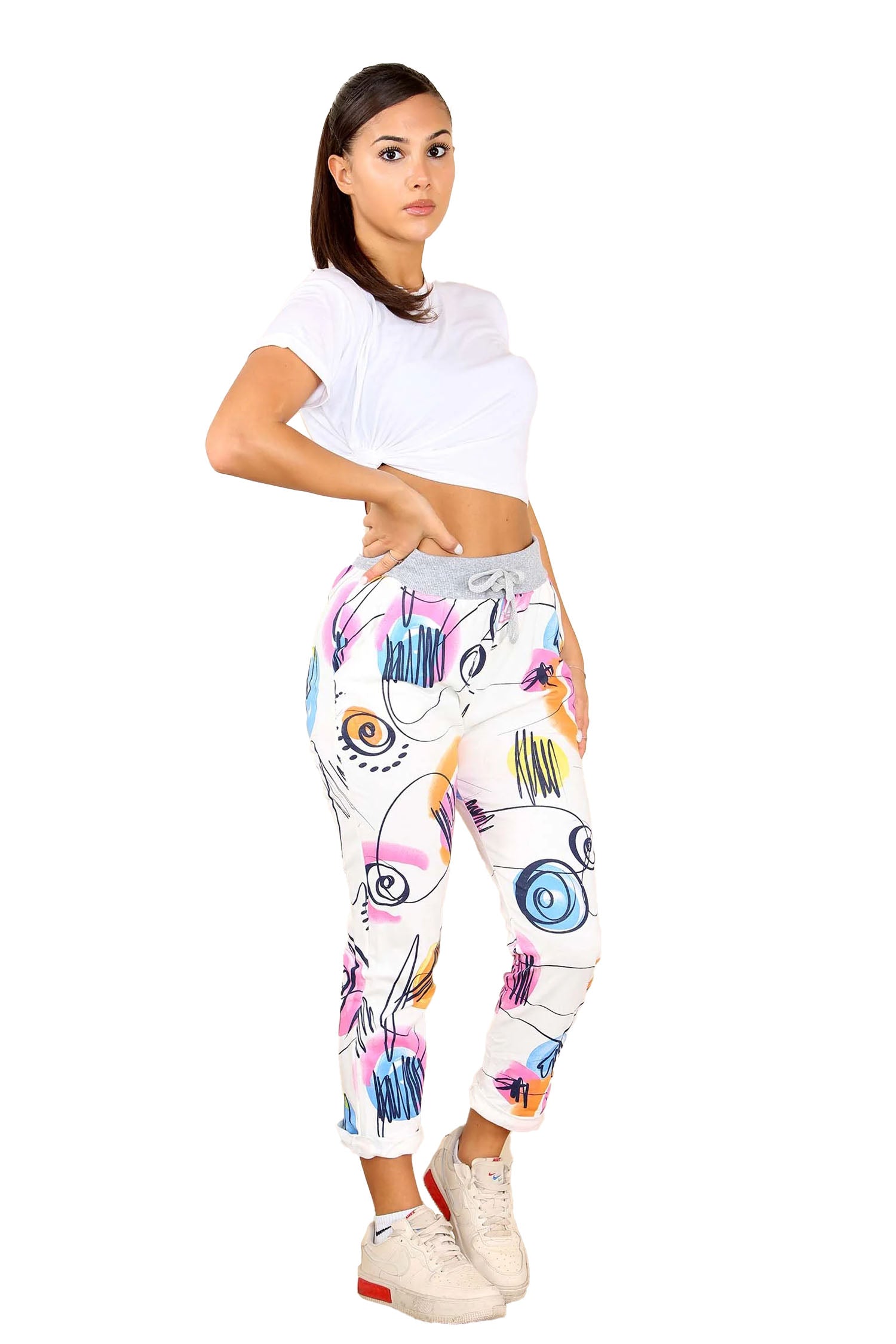 Italian Abstract Paint Print Drawstring Cotton Joggers - White