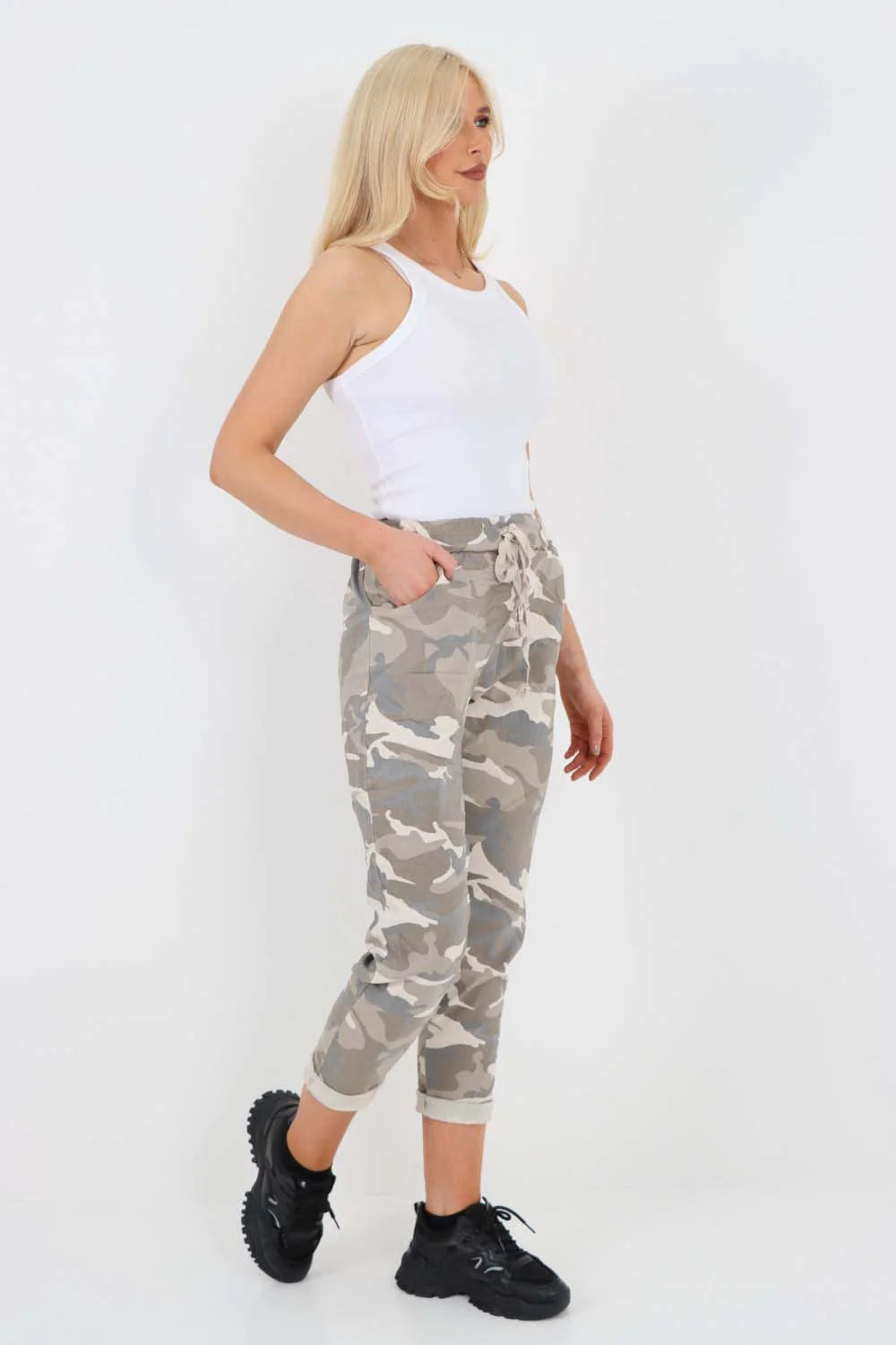 Italian Drawstring Camo Side Pockets Trousers - Beige