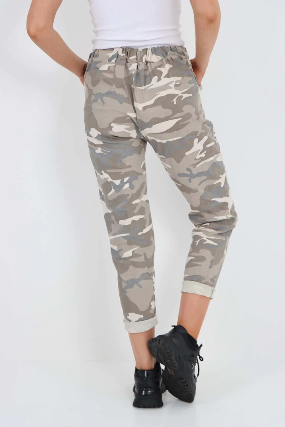 Italian Drawstring Camo Side Pockets Trousers - Beige