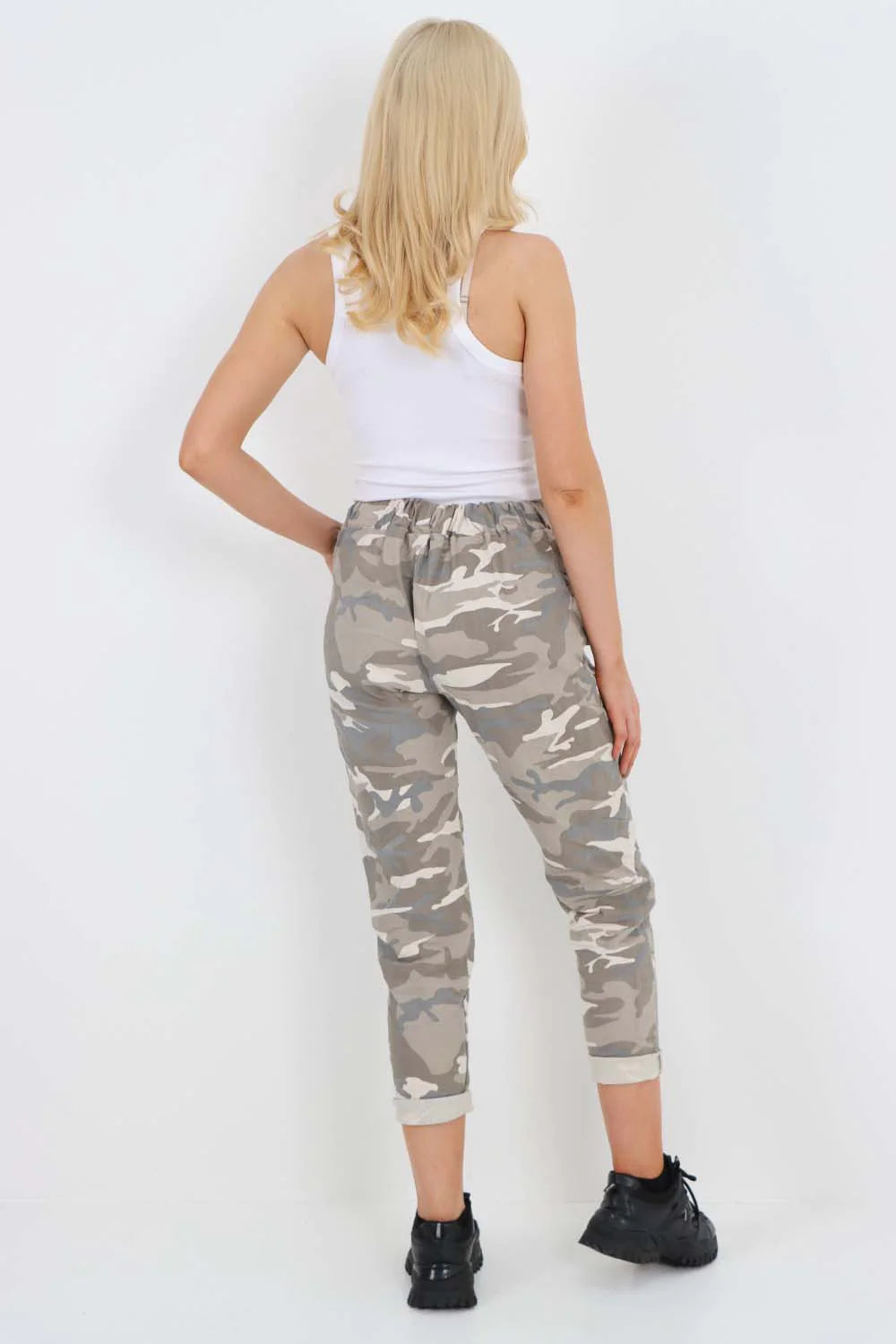 Italian Drawstring Camo Side Pockets Trousers - Beige