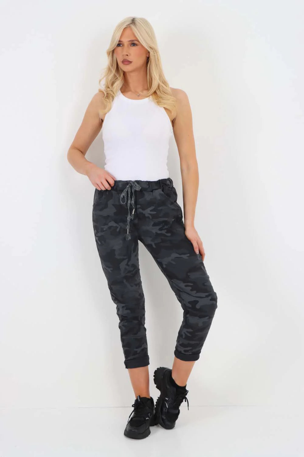 Italian Drawstring Camo Side Pockets Trousers - Black