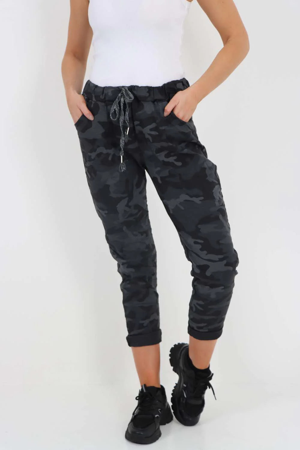 Italian Drawstring Camo Side Pockets Trousers - Black