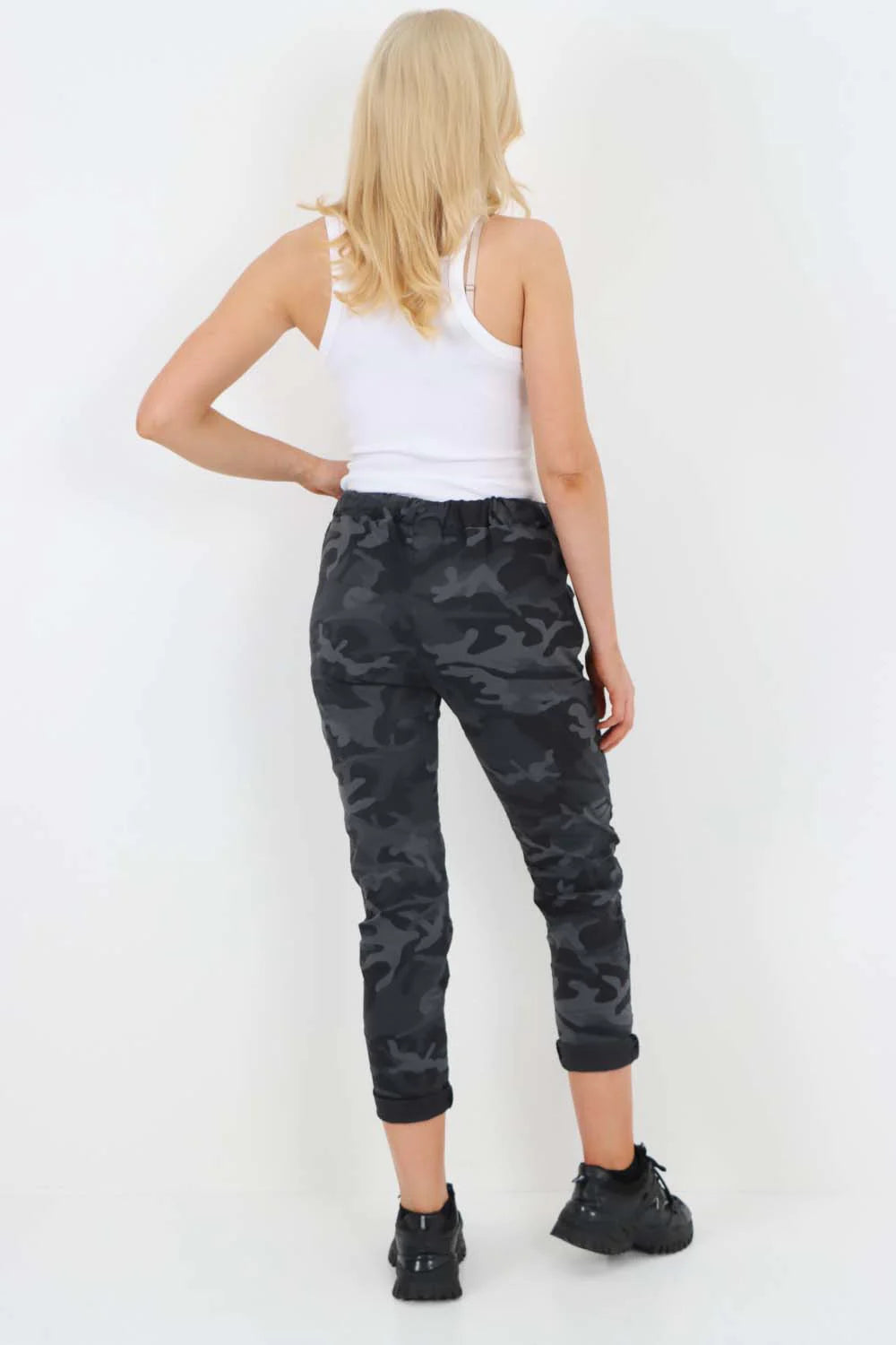 Italian Drawstring Camo Side Pockets Trousers - Black