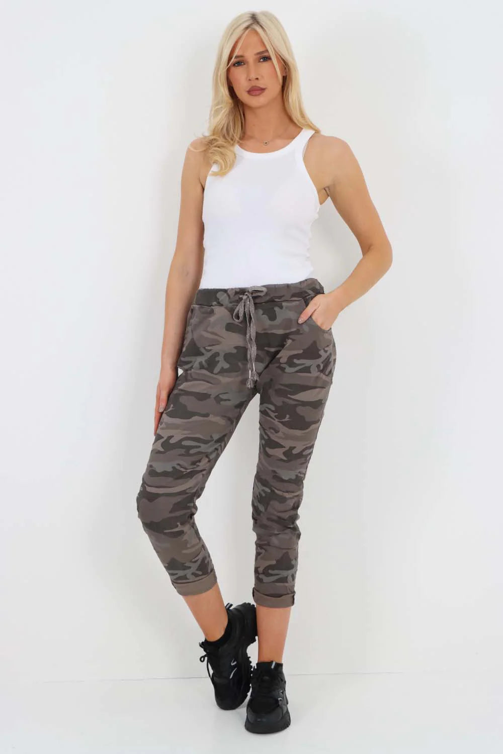 Italian Drawstring Camo Side Pockets Trousers - Brown