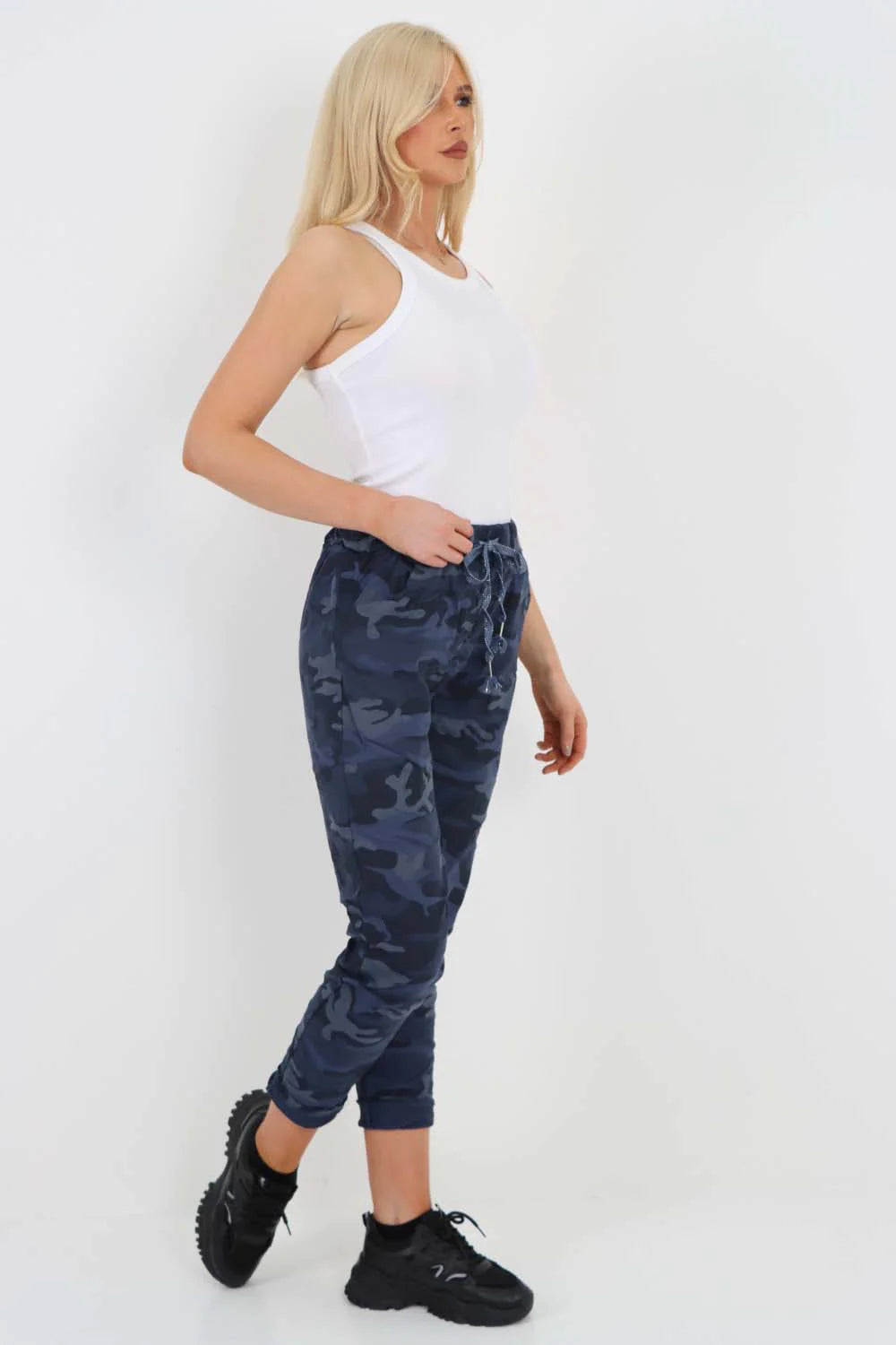 Italian Drawstring Camo Side Pockets Trousers - Denim Blue