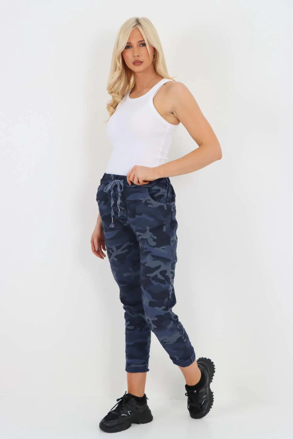 Italian Drawstring Camo Side Pockets Trousers - Denim Blue