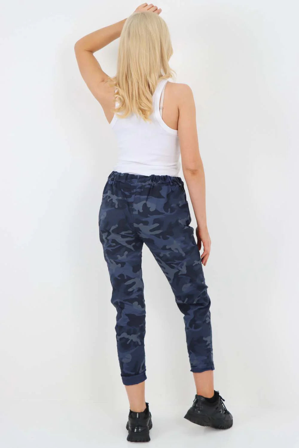 Italian Drawstring Camo Side Pockets Trousers - Denim Blue