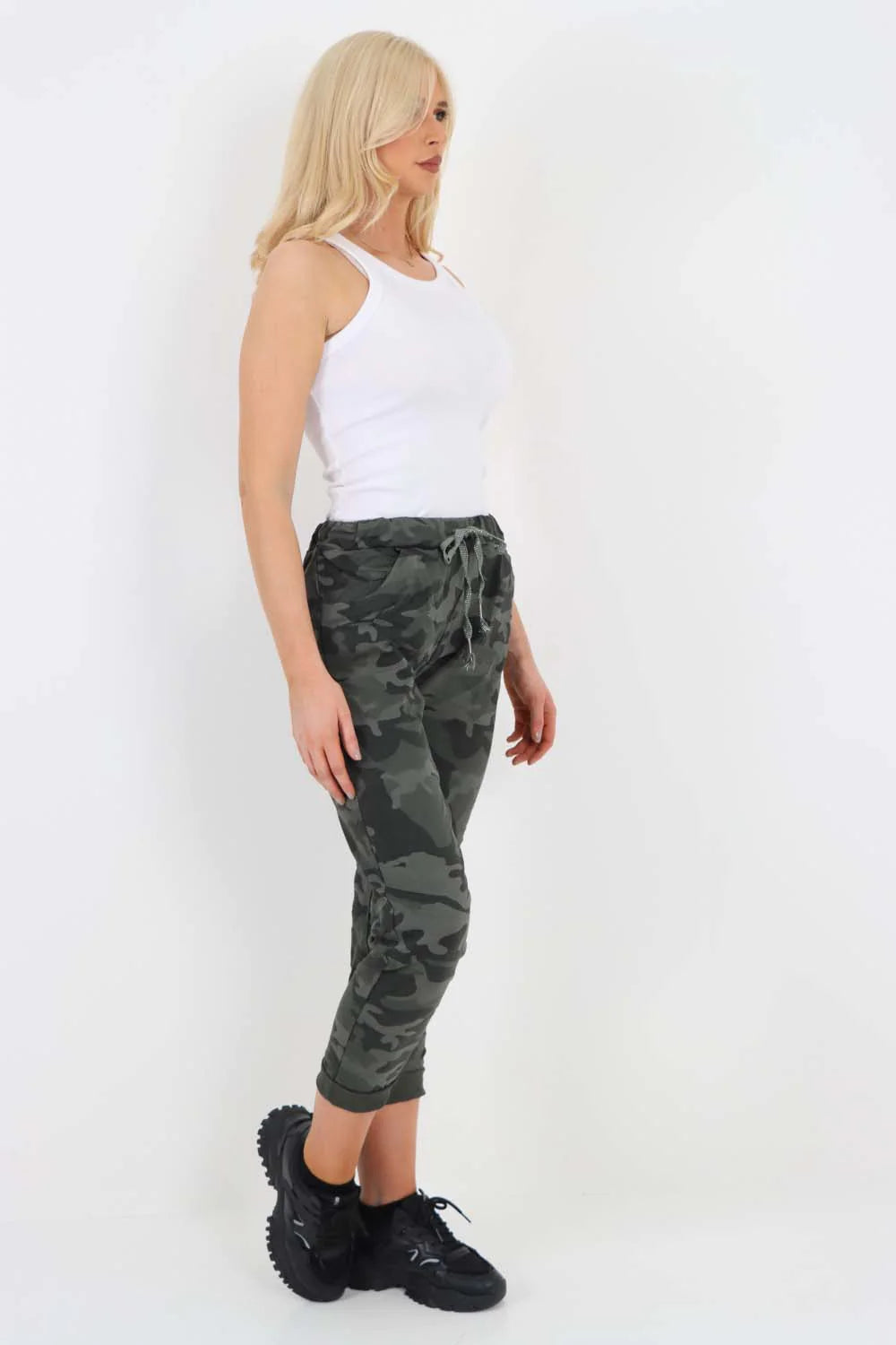 Italian Drawstring Camo Side Pockets Trousers - Khaki