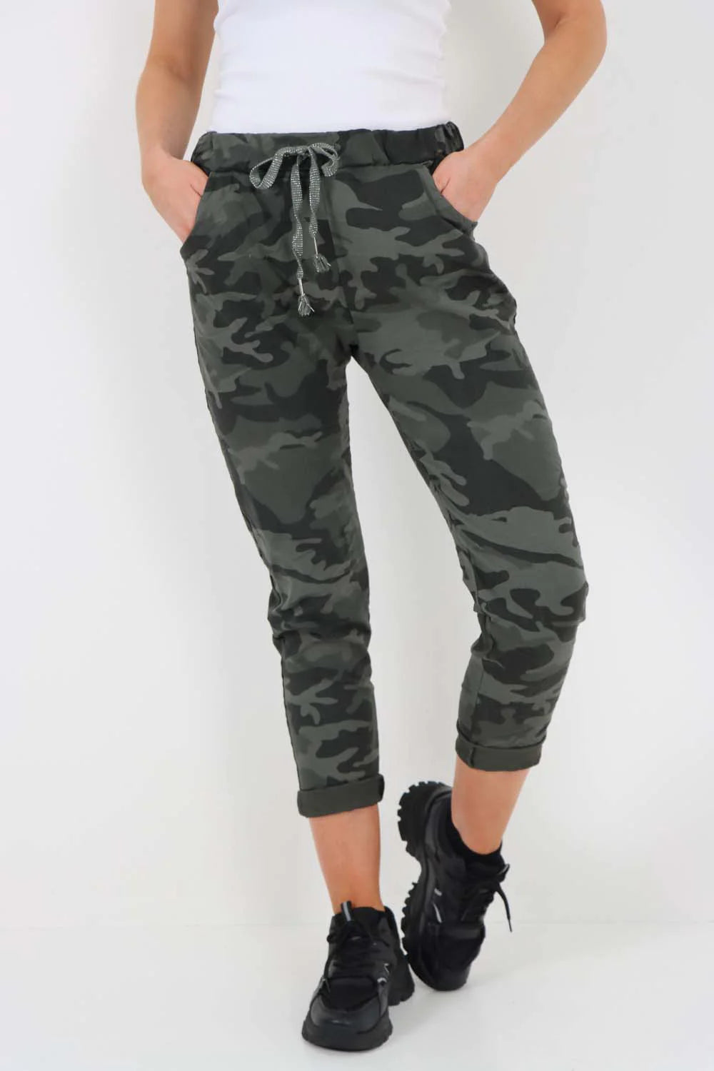 Italian Drawstring Camo Side Pockets Trousers - Khaki