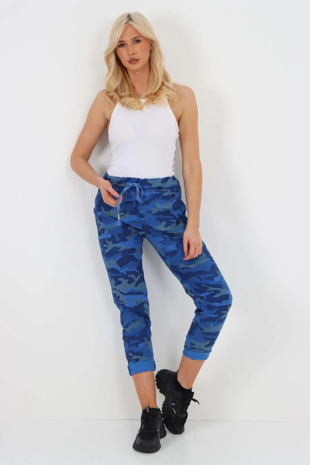 Italian Drawstring Camo Side Pockets Trousers - Navy Blue