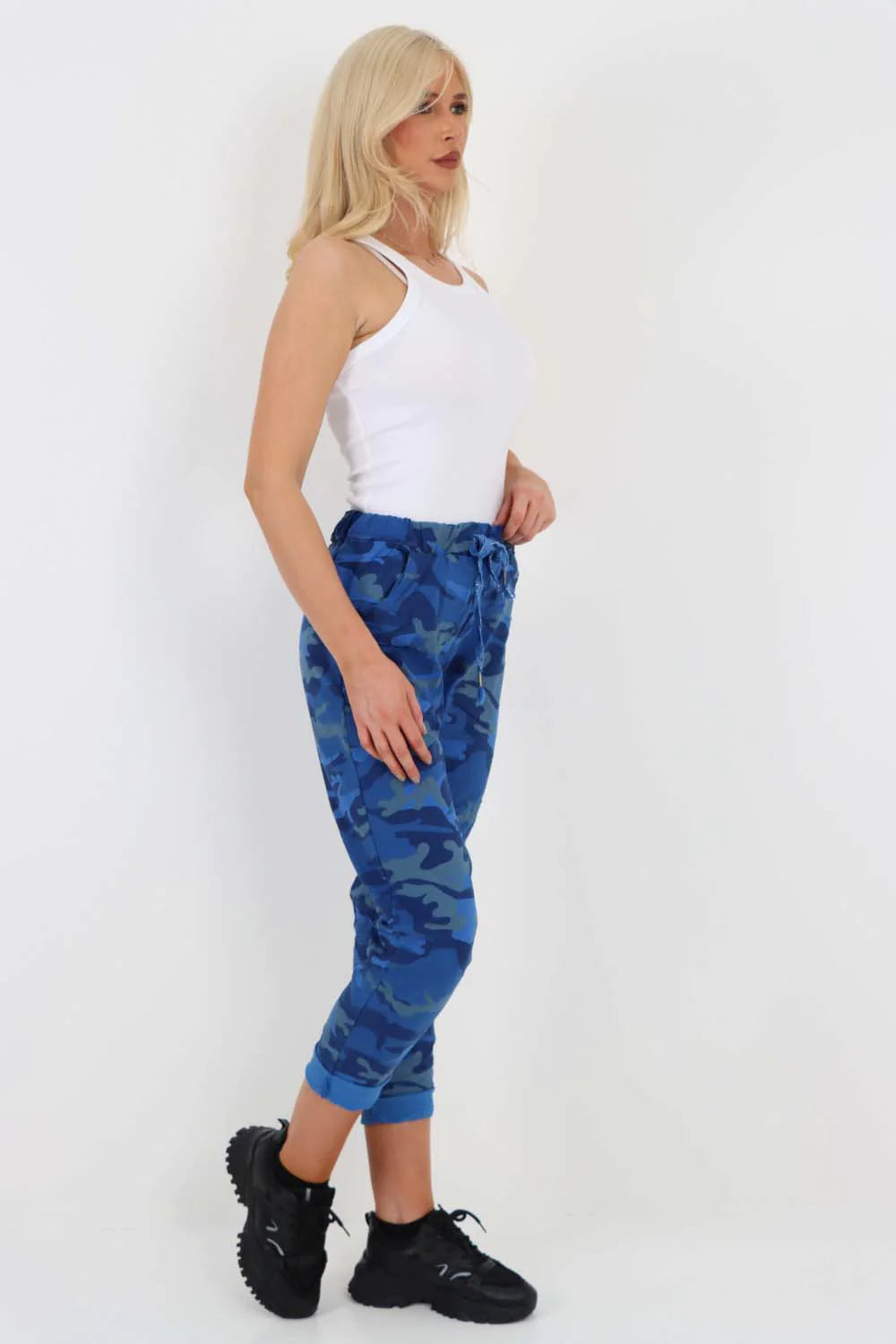 Italian Drawstring Camo Side Pockets Trousers - Navy Blue