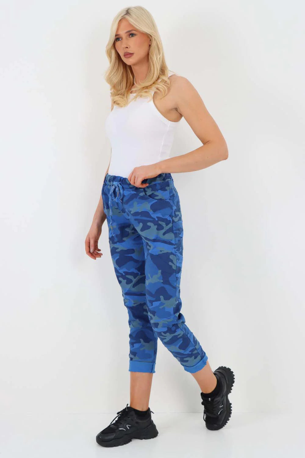 Italian Drawstring Camo Side Pockets Trousers - Navy Blue