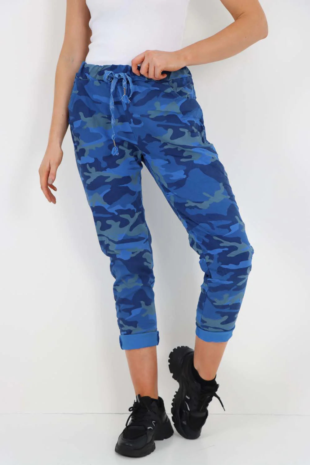 Italian Drawstring Camo Side Pockets Trousers - Navy Blue