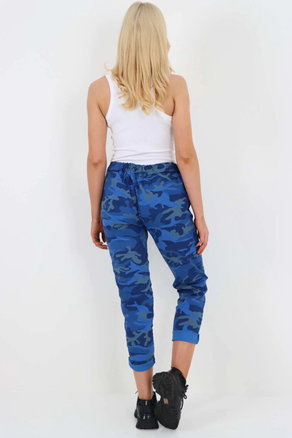 Italian Drawstring Camo Side Pockets Trousers - Navy Blue