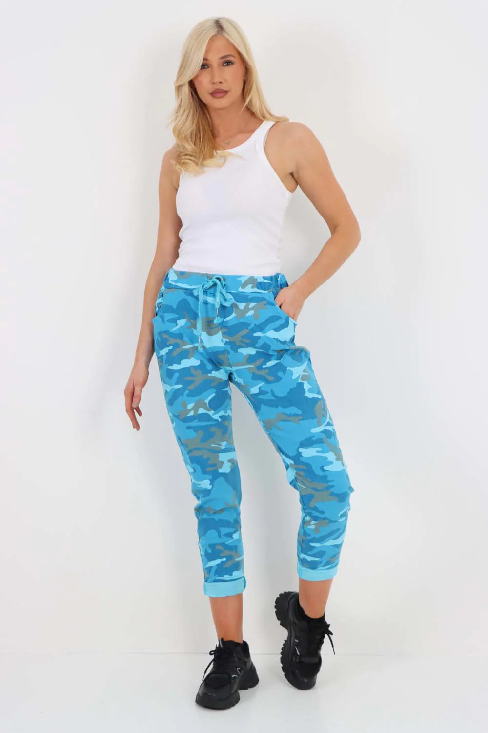 Italian Drawstring Camo Side Pockets Trousers - Turquoise