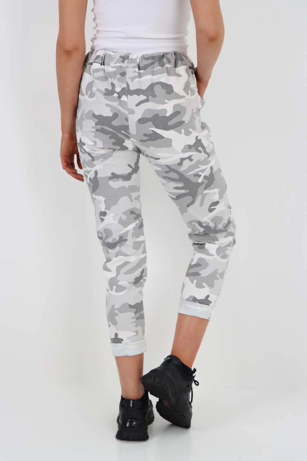 Italian Drawstring Camo Side Pockets Trousers - White